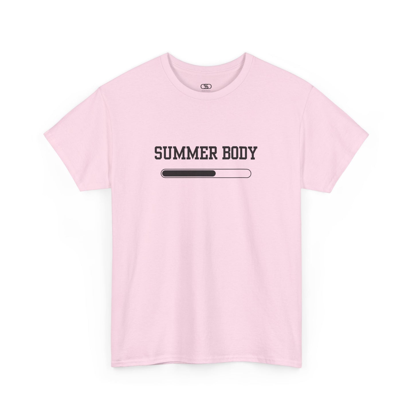 A light pink t-shirt with a loading bar and “Summer Body” on the front and “I left my summer body at home I prefer not to show off” on the back.
