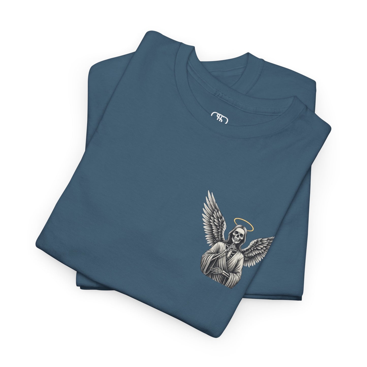 A t-shirt with a skeleton angel on the front and the phrase “Shh. No one Cares” on the back.