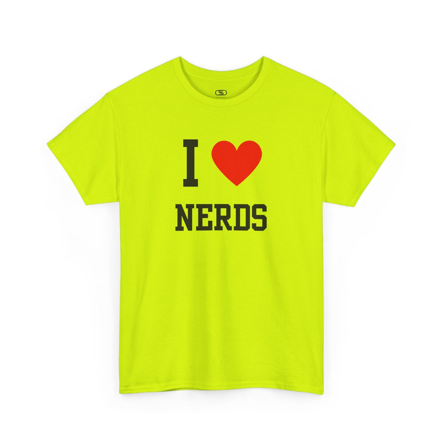 A safety green t-shirt featuring the classic "I Love" layout with the text "I," a red heart graphic, and the word "Nerds" below.