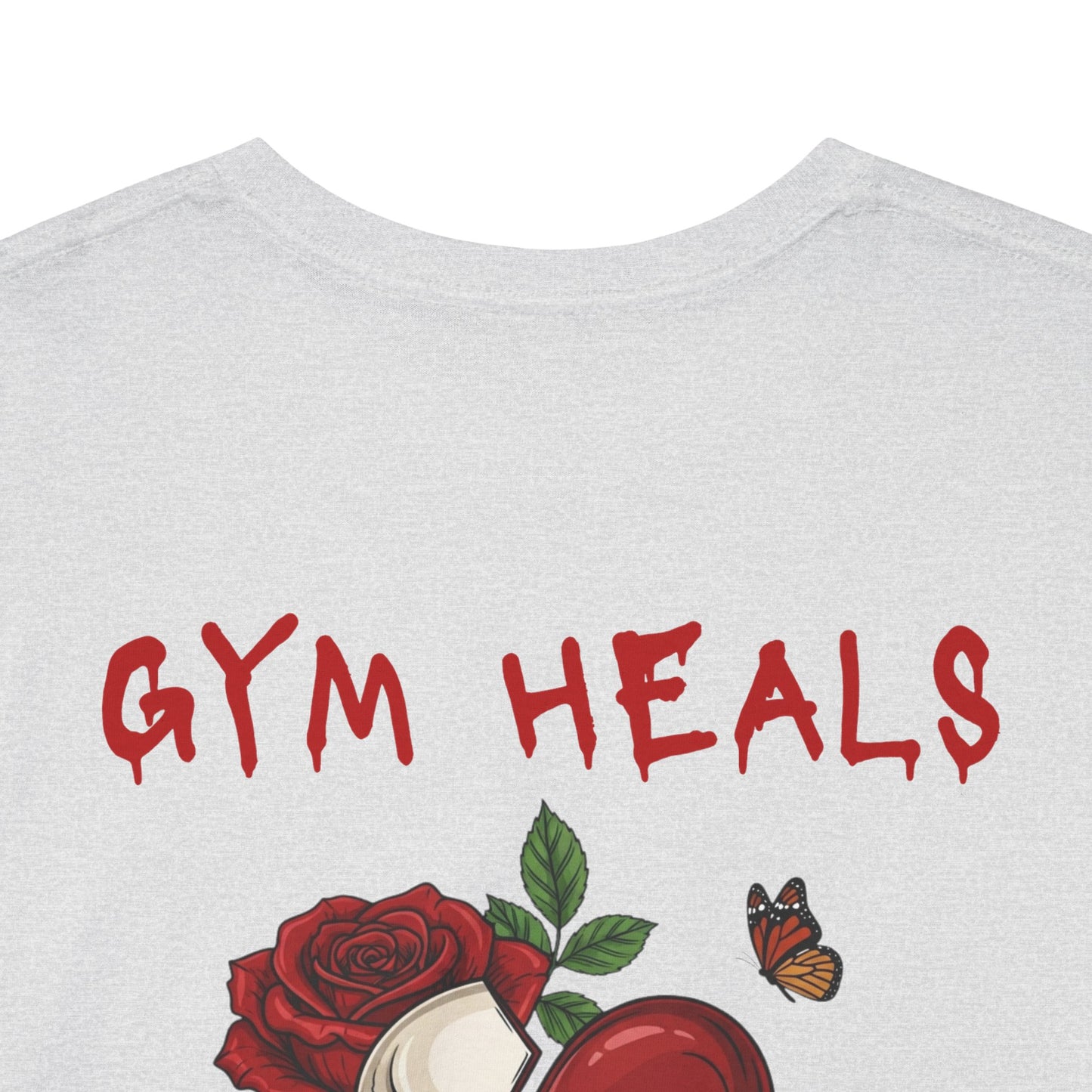"Gym Heals" Broken Red Heart Skull Rose Tee