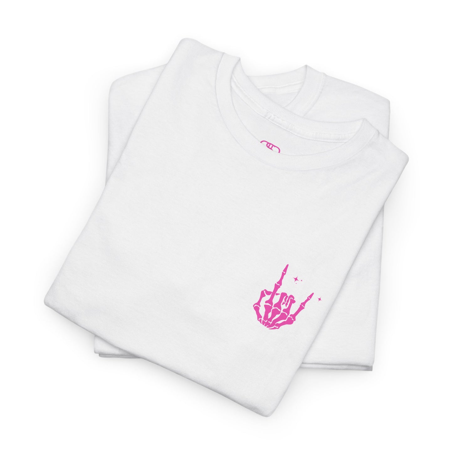 A folded white t-shirt with a skeletal rock hand on the front and a melting emoji with the phrase “I match energy So ho we gon’ Act Today?” on the back.