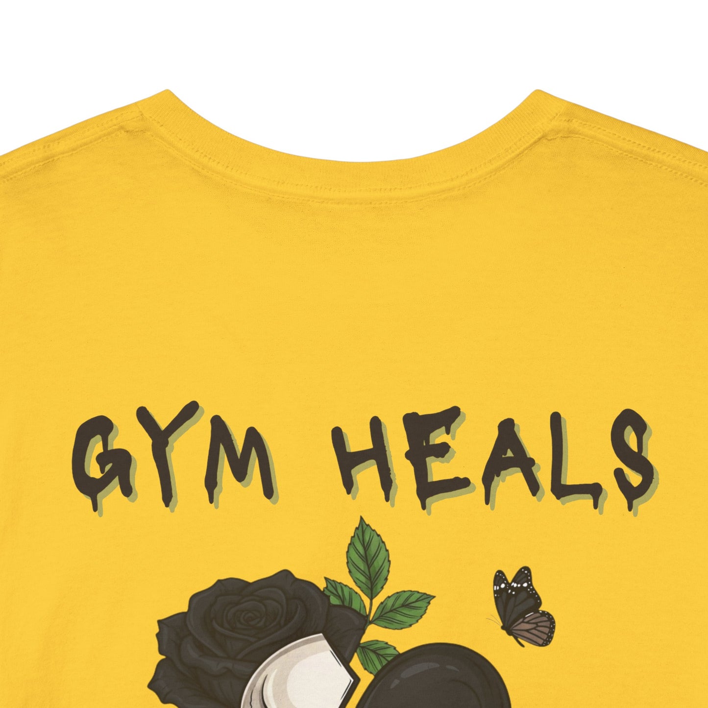 "Gym Heals" Broken Heart Skull Rose Tee in Black