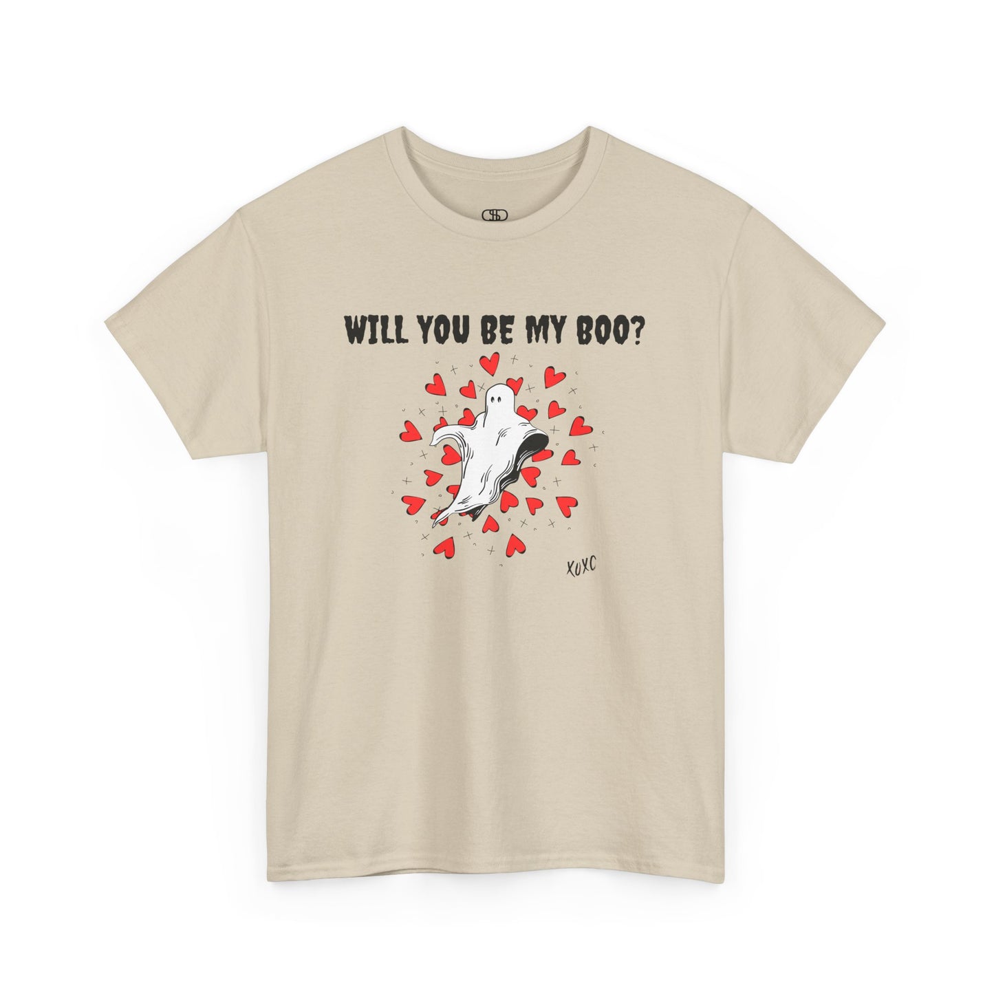 A t-shirt featuring a cute floating ghost surrounded by bursting hearts. At the top of the design, the text reads, "Will You Be my Boo?"