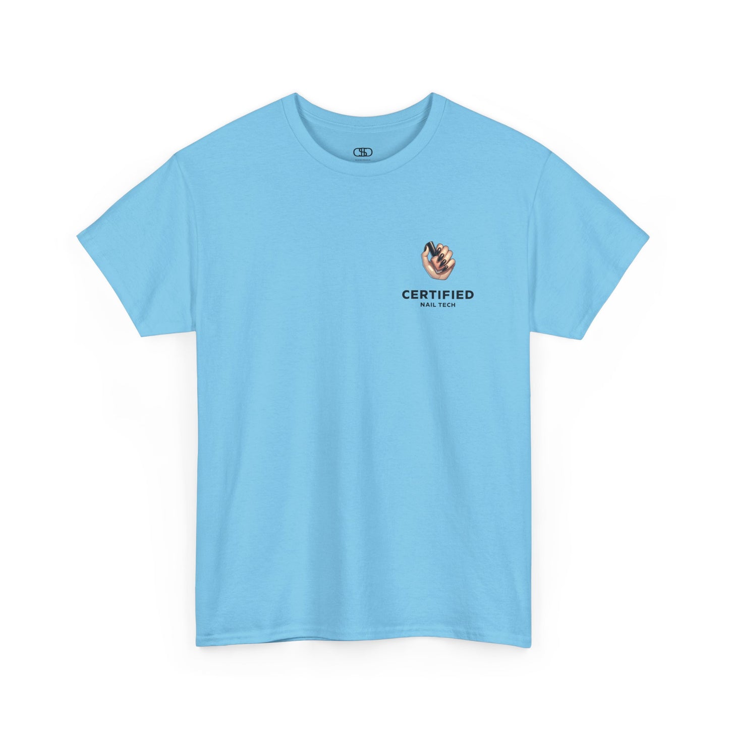 A light blue t-shirt with a hand graphic design holding nail polish with polished nails followed by the words Certified Nail Tech beneath it.