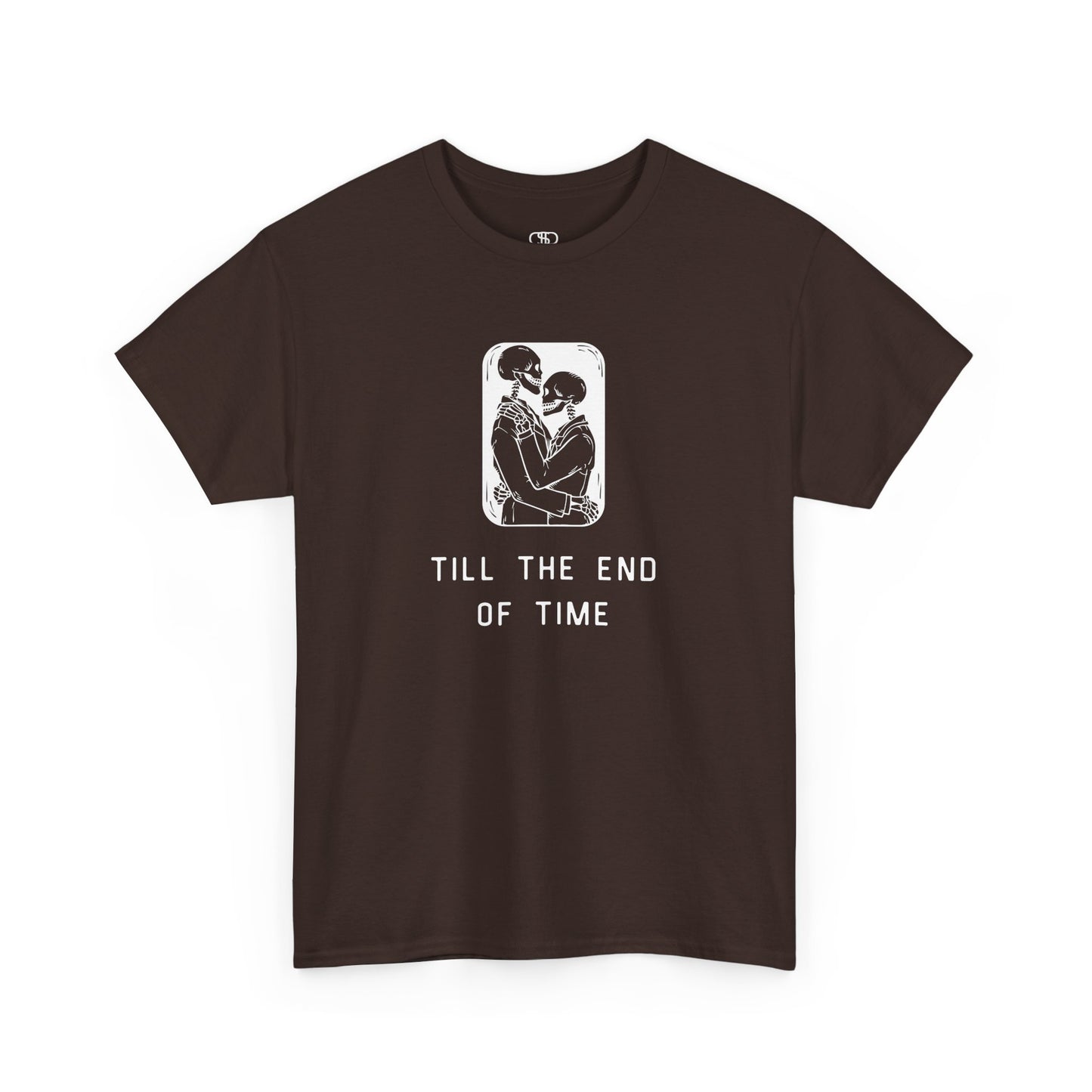 A t-shirt featuring a detailed print of two skeletons embracing in a hug with the text 'till the end of time' below them.