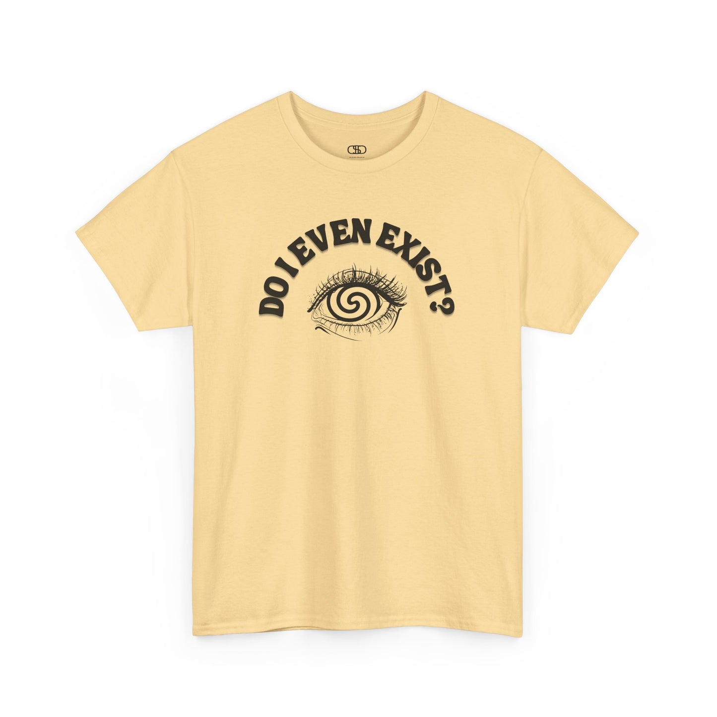 T-shirt with an eyeball and a mind-bending optical illusion and the text "Do I even exist?"