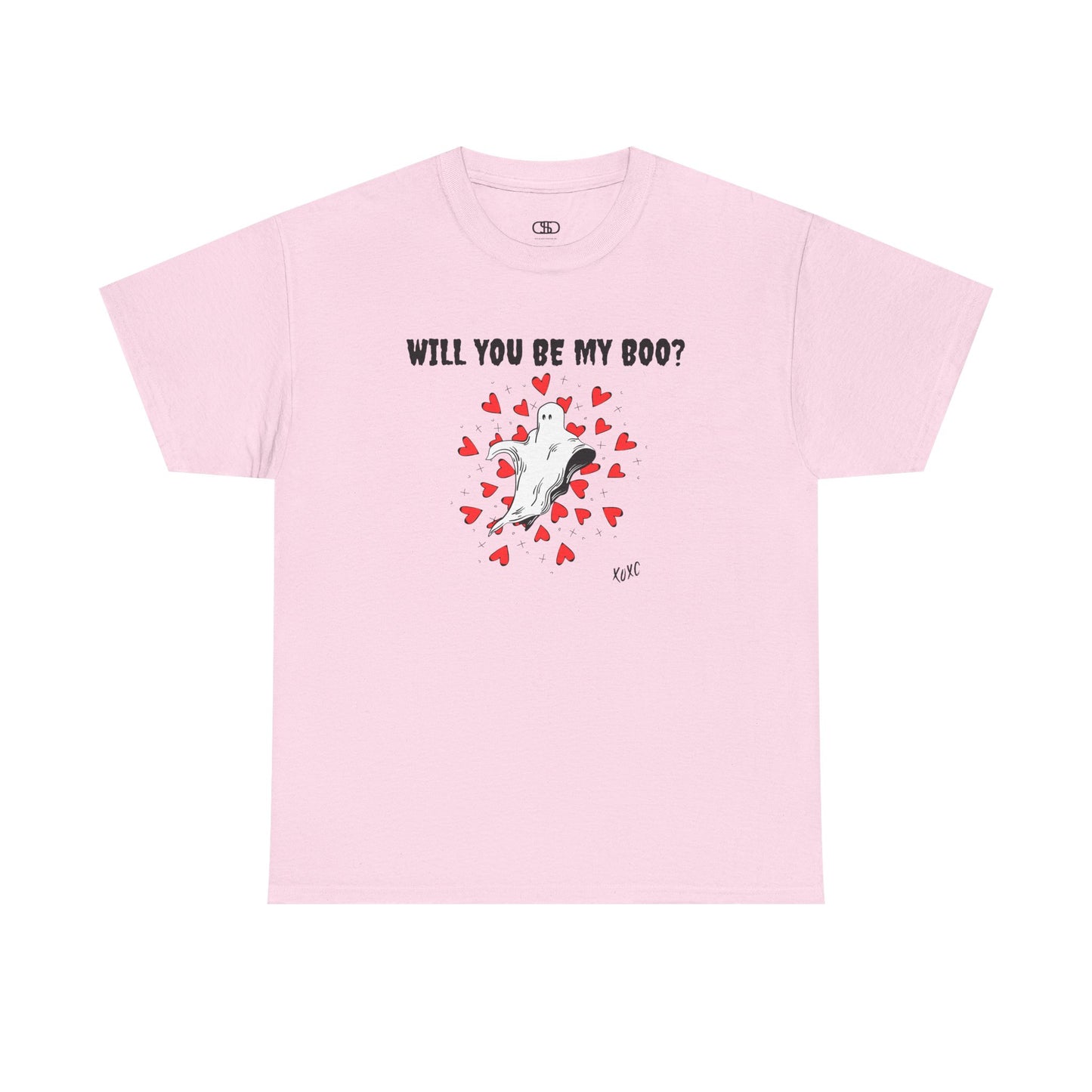 A t-shirt featuring a cute floating ghost surrounded by bursting hearts. At the top of the design, the text reads, "Will You Be my Boo?"