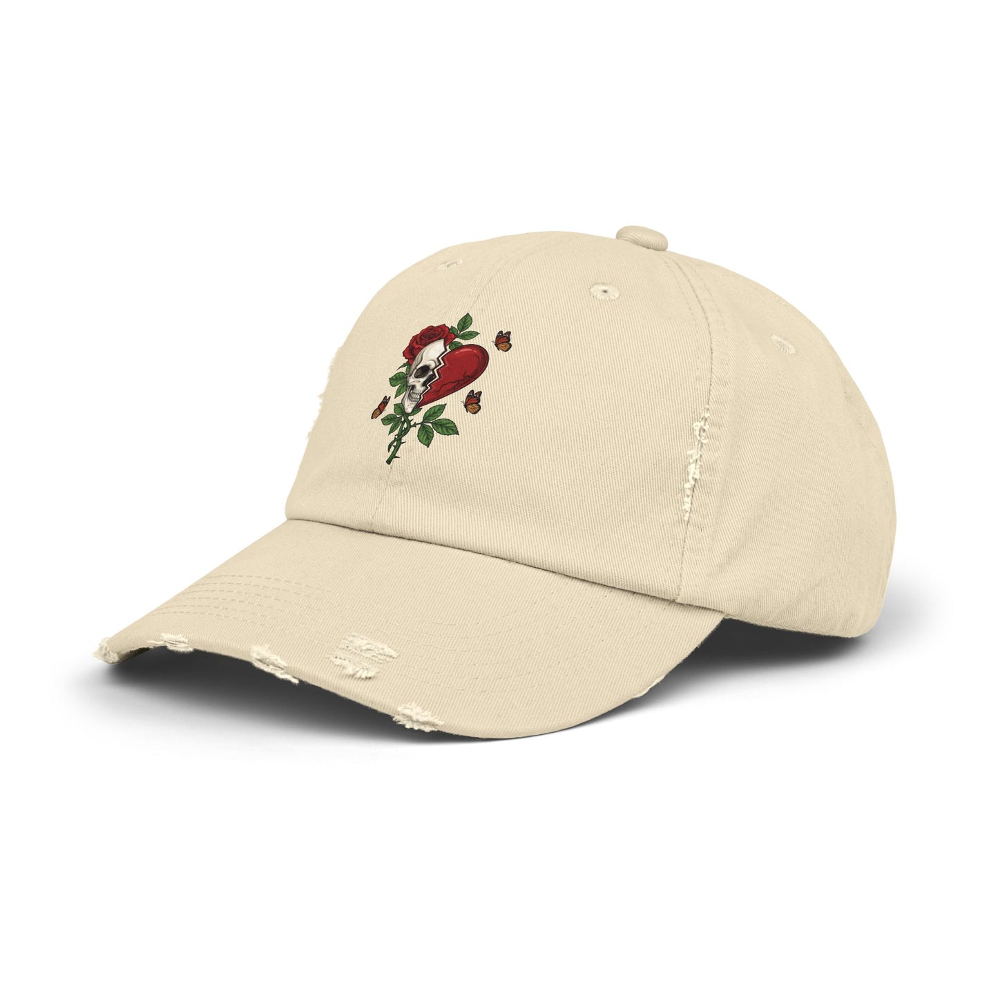 Gothic Rose Skull Heart Hat | Distressed Embroidered Streetwear Cap