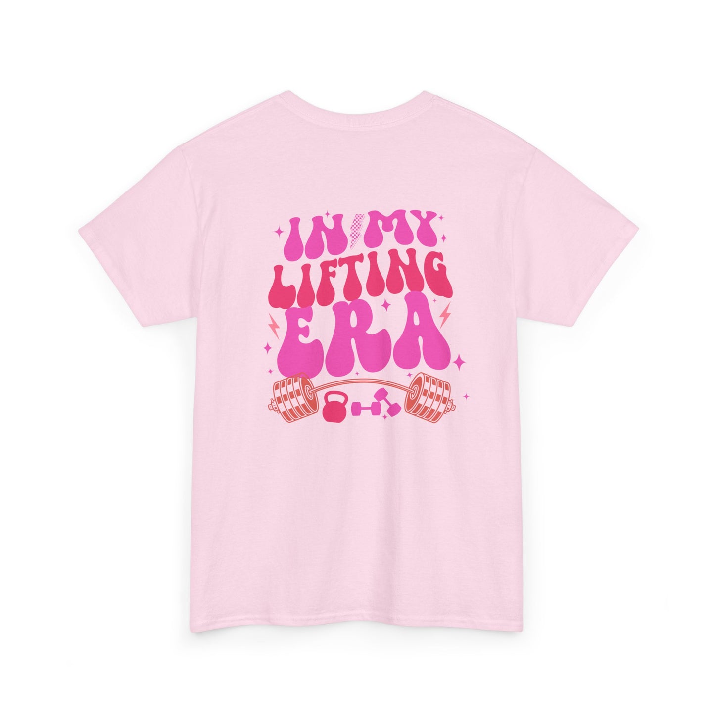 A light pink t-shirt with a retro smiley face on the front and the phrase “In my lifting Era” in a creative retro design on the back.