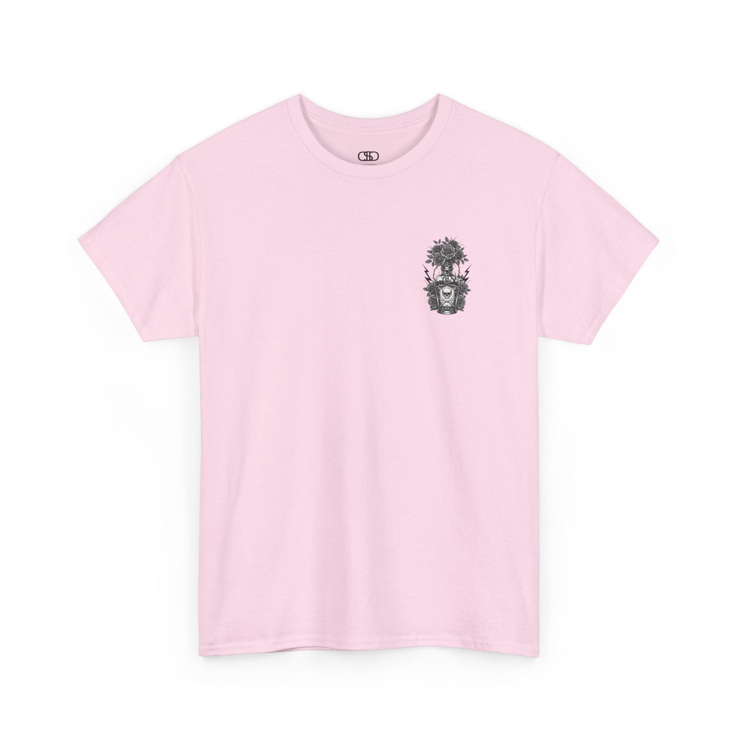 A light pink t-shirt with a skull and crossbones vase filled with roses and the words “Surviving Purely Out of Spite” in a gothic font.