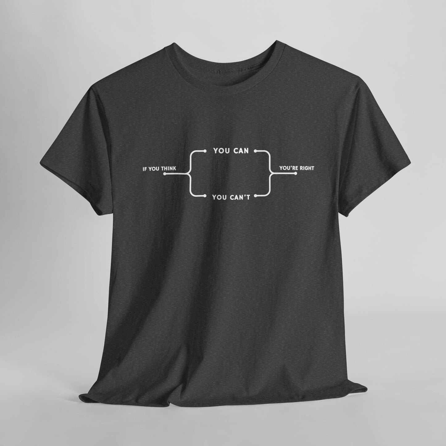 A t-shirt with a motivational flowchart design. It starts with "If you think..." which leads via arrows to two paths, "You can" and "You can't." Both paths converge at the bottom with the concluding phrase, "you are right."