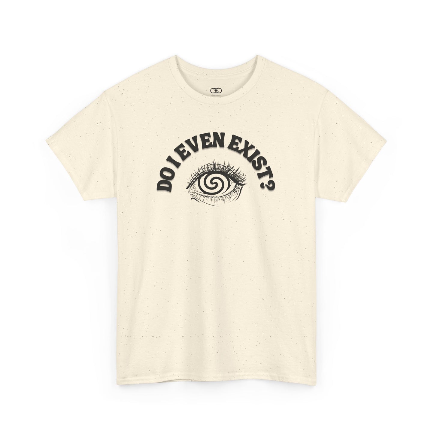 T-shirt with an eyeball and a mind-bending optical illusion and the text "Do I even exist?"