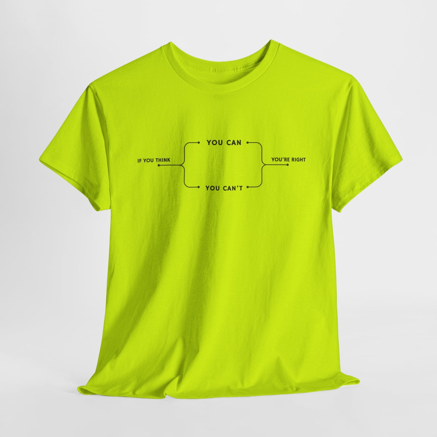 A t-shirt with a motivational flowchart design. It starts with "If you think..." which leads via arrows to two paths, "You can" and "You can't." Both paths converge at the bottom with the concluding phrase, "you are right."