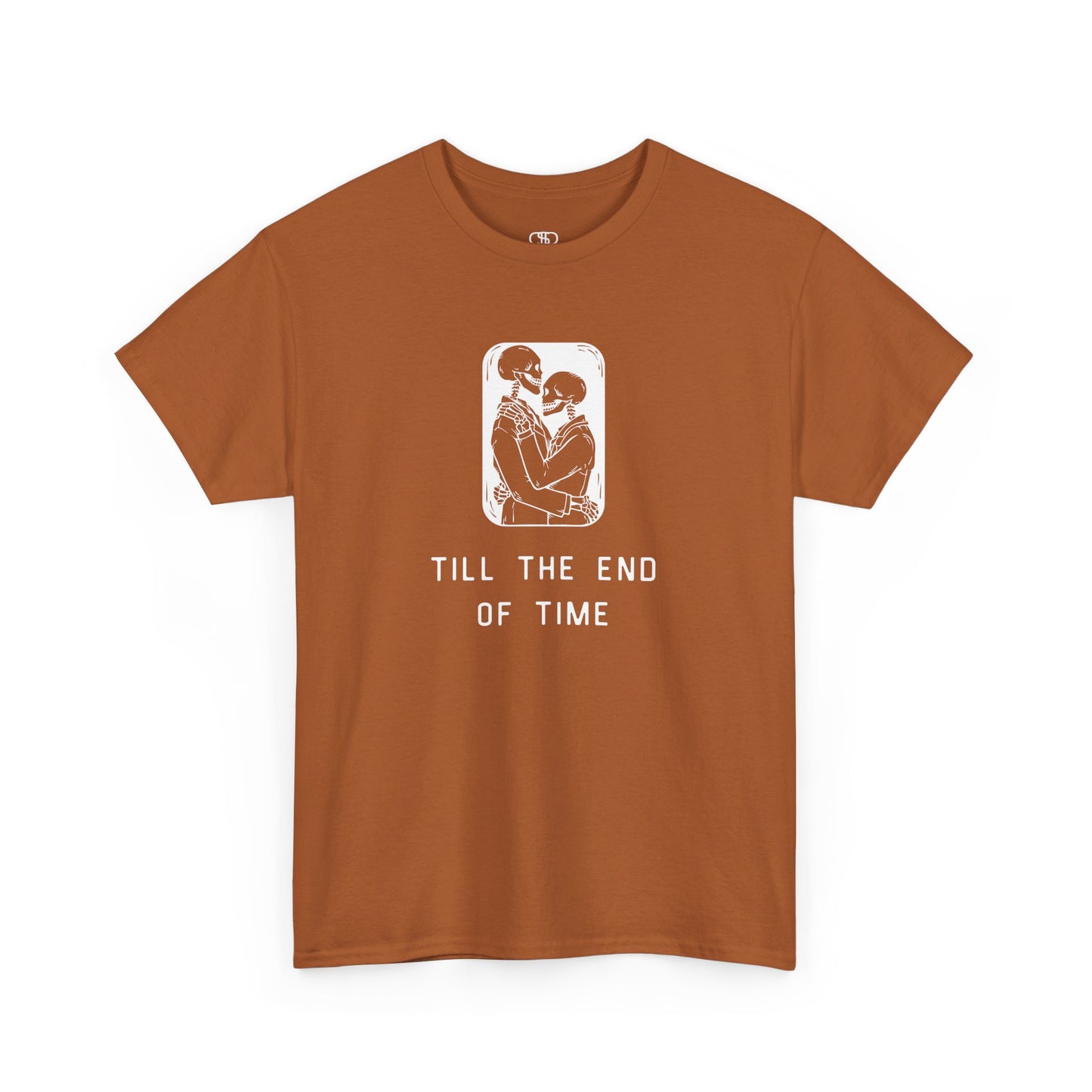 A t-shirt featuring a detailed print of two skeletons embracing in a hug with the text 'till the end of time' below them.