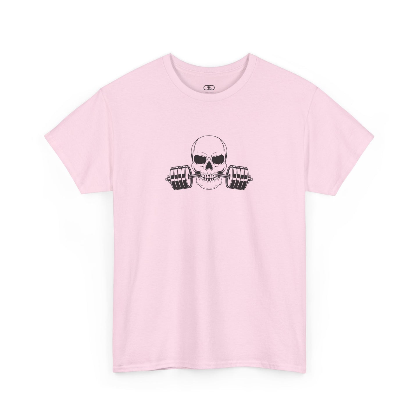 A light Pink t-shirt with a skull and barbell graphic on a white background