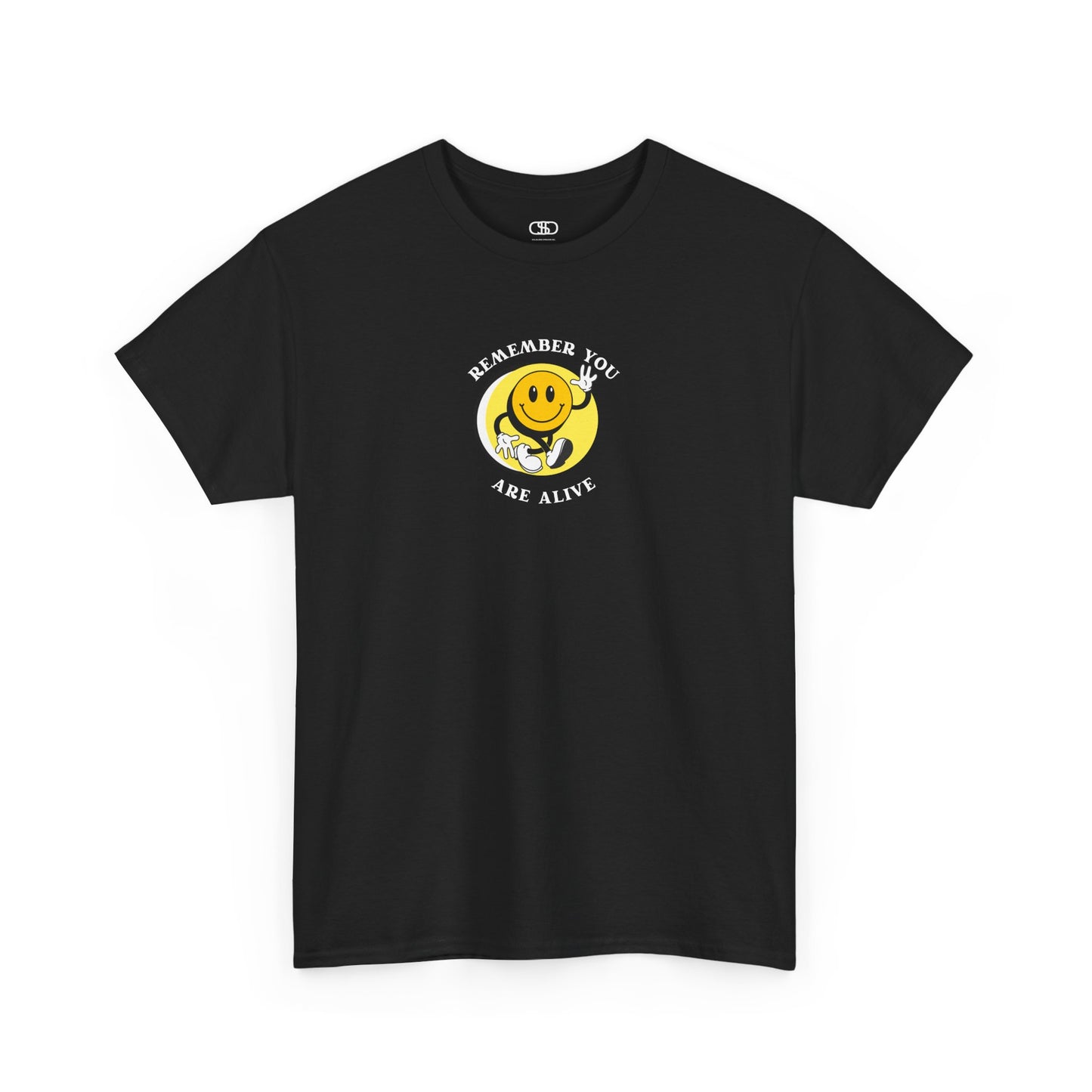 Black Front of a t-shirt showing a smiling waving emoji with curved text "Remember You Are Alive." The back shows a vibrant, smiling sunflower with the words "Make the Best Out of Everyday."