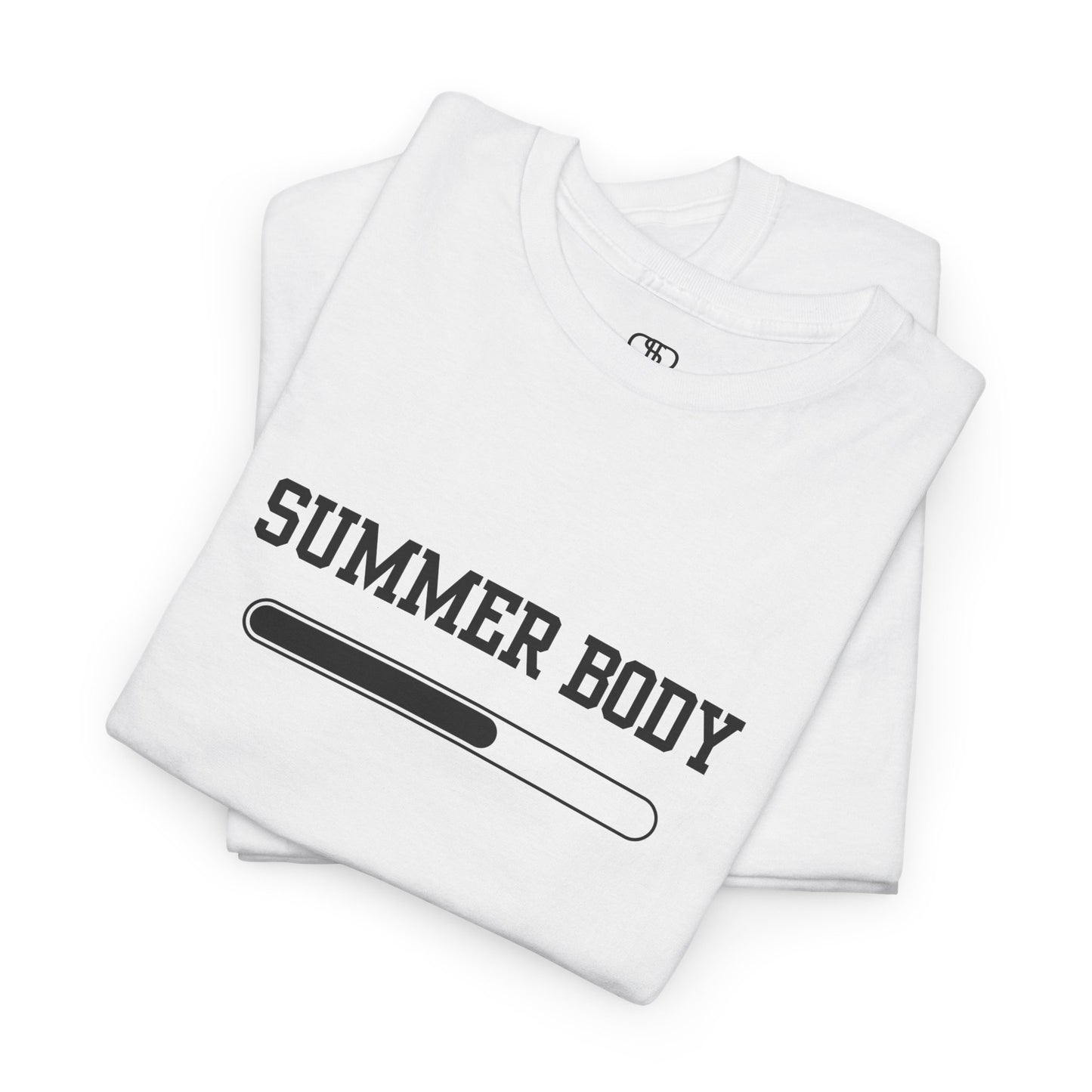 A folded white t-shirt with a loading bar and “Summer Body” on the front and “I left my summer body at home I prefer not to show off” on the back.