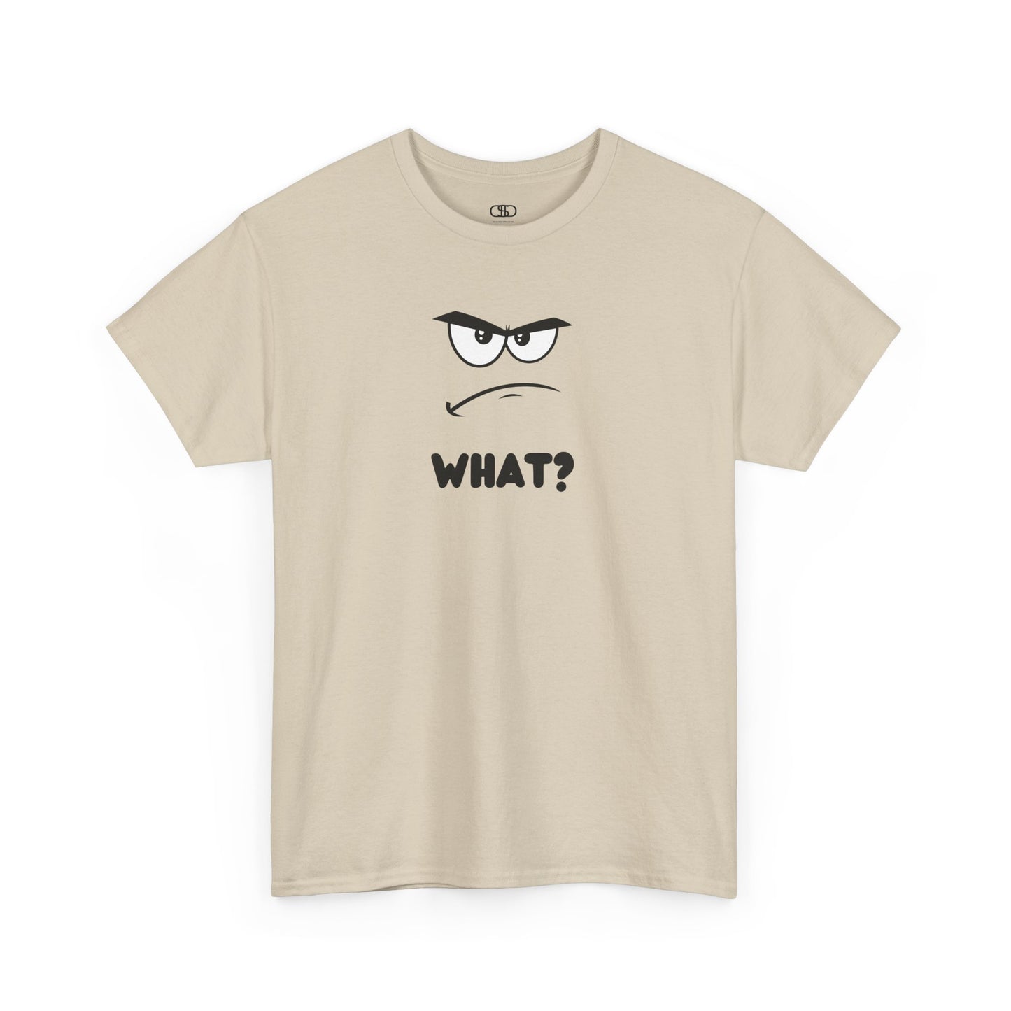 A t-shirt with a minimalist, faceless cartoon character showing an angry and confused expression. Below the character is the word 'WHAT?' in a bold font.