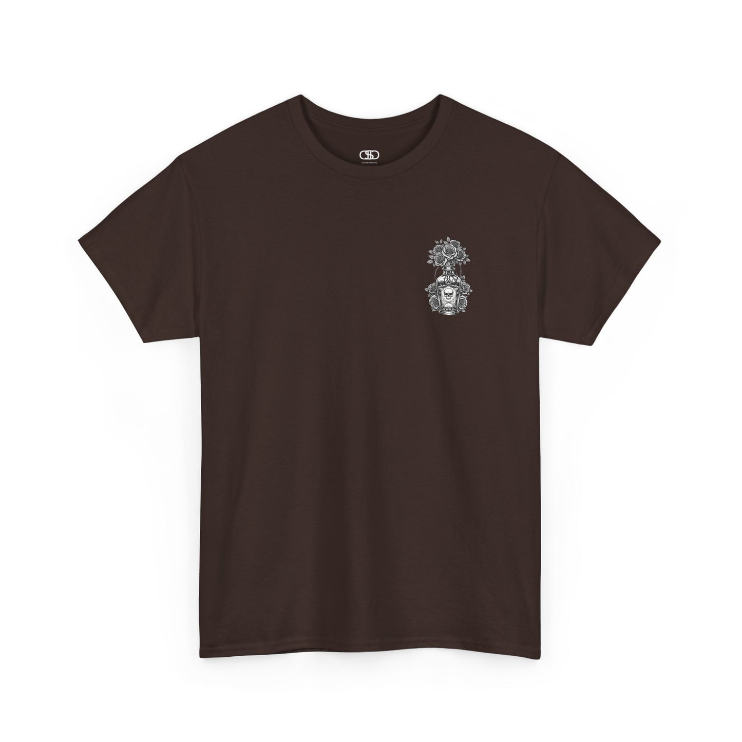 A dark brown t-shirt with a skull and crossbones vase filled with roses and the words “Surviving Purely Out of Spite” in a gothic font.