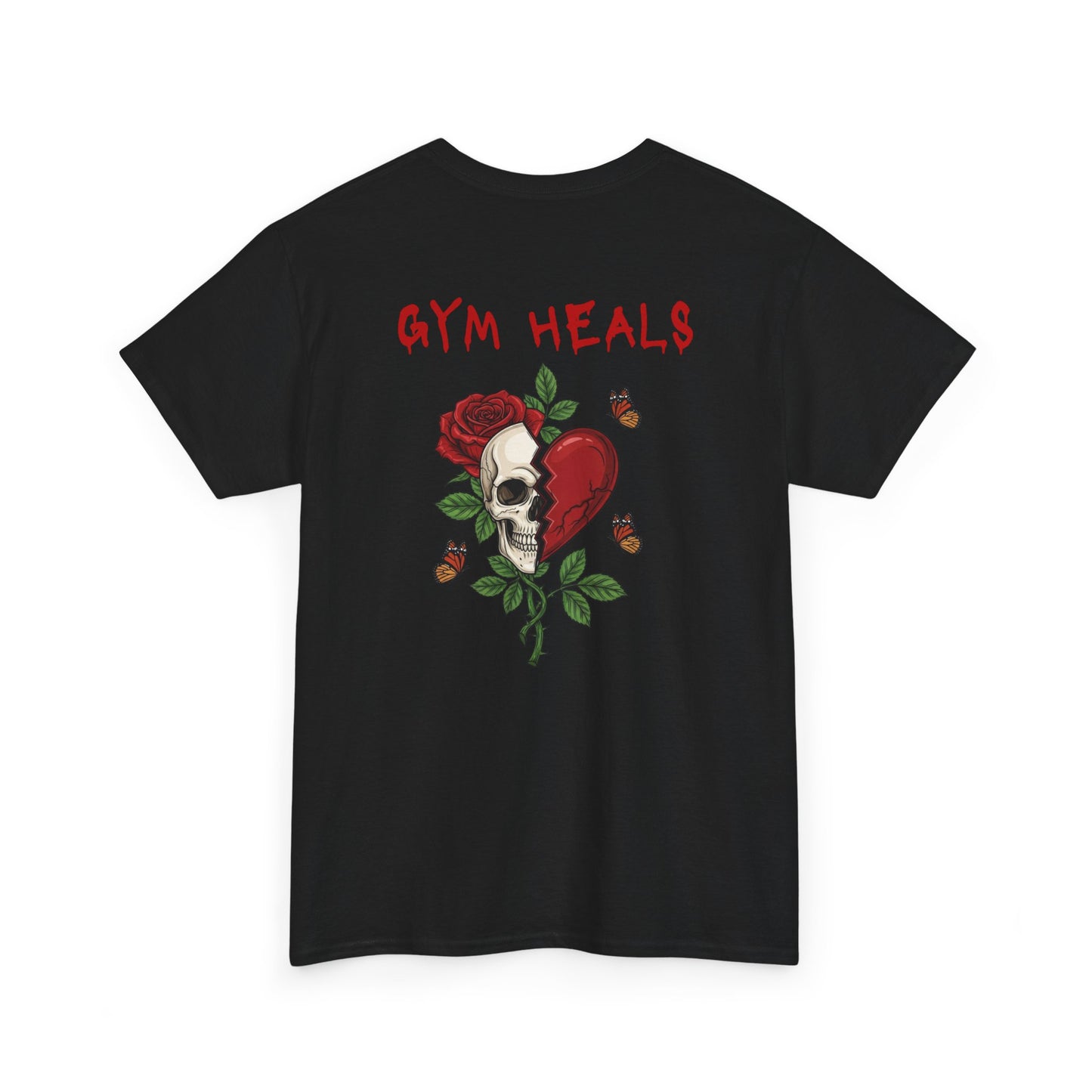 A black t-shirt with a front design of a half skull, half broken heart, and a rose. The back reads "Gym Heals" in red.