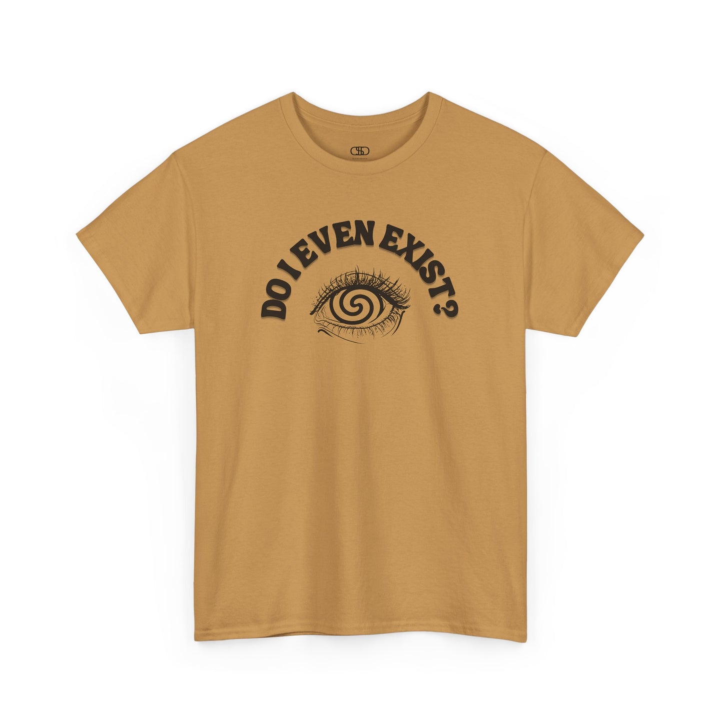 T-shirt with an eyeball and a mind-bending optical illusion and the text "Do I even exist?"