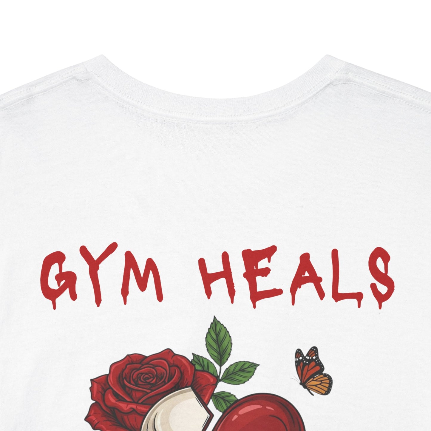 "Gym Heals" Broken Red Heart Skull Rose Tee