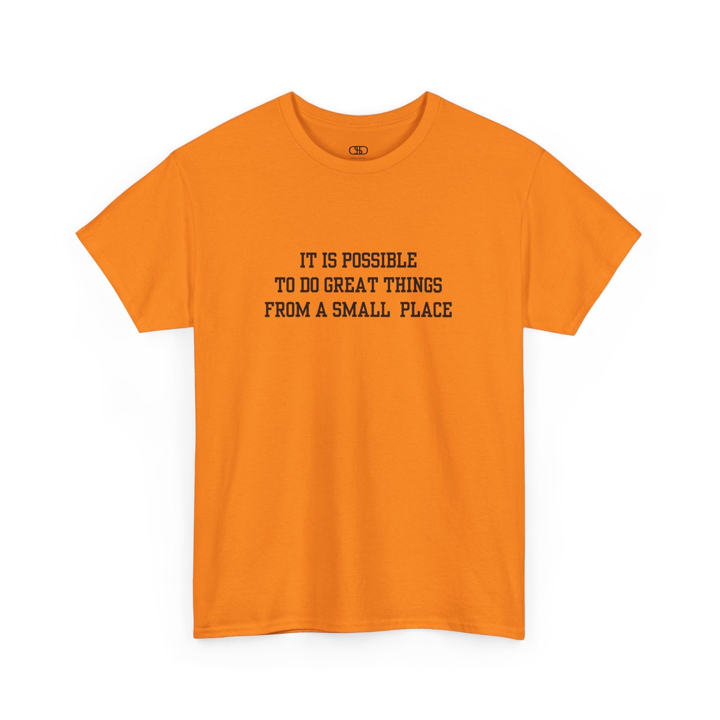 An orange t-shirt with the quote “It is possible to do great things from a small place” on the front.