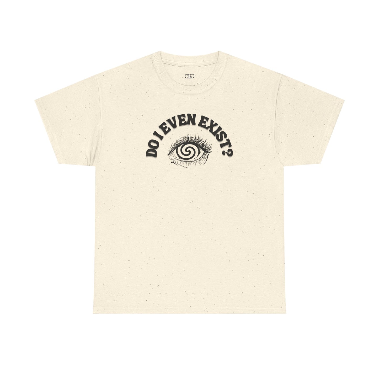 T-shirt with an eyeball and a mind-bending optical illusion and the text "Do I even exist?"