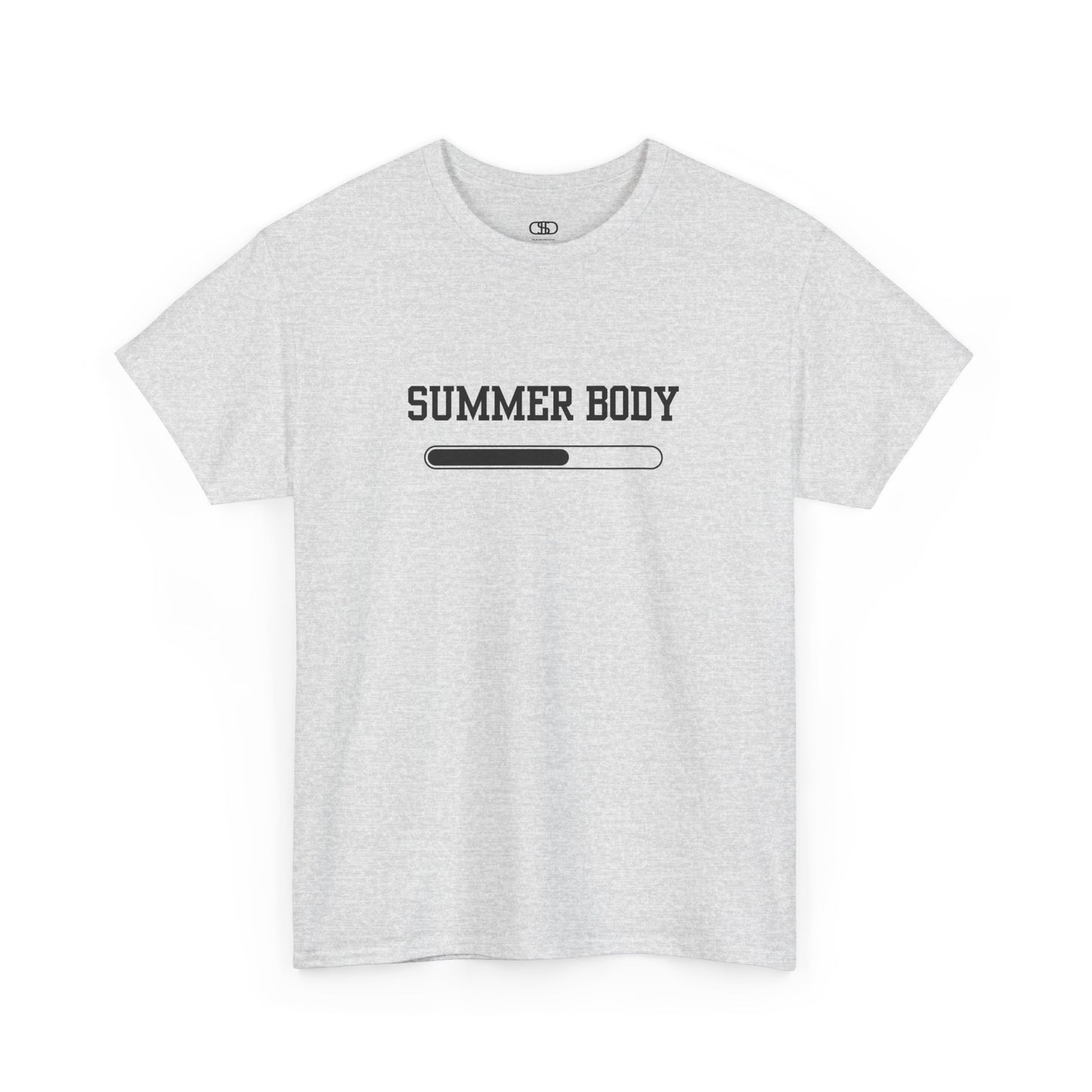 An ash gray t-shirt with a loading bar and “Summer Body” on the front and “I left my summer body at home I prefer not to show off” on the back.