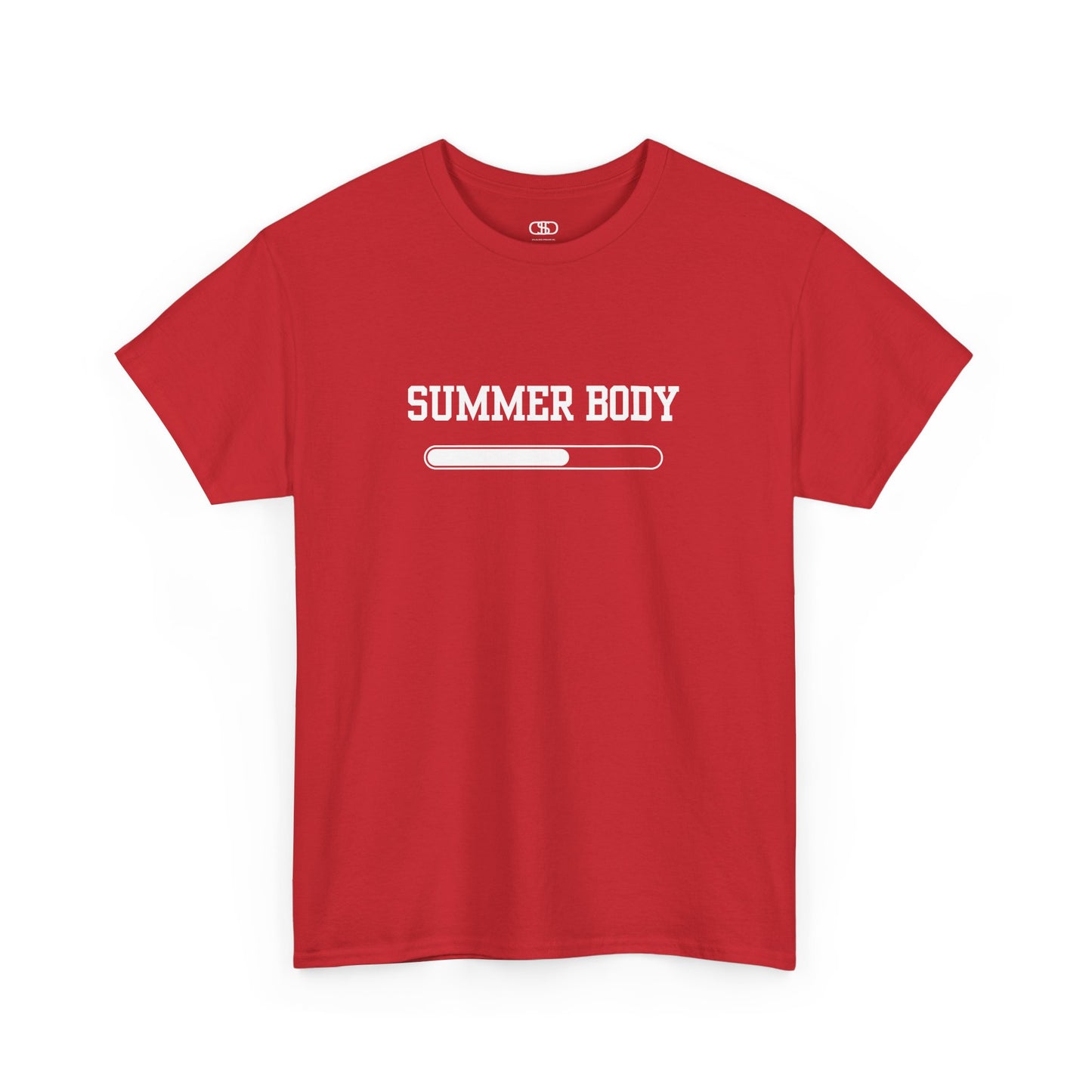 A red t-shirt with a loading bar and “Summer Body” on the front and “I left my summer body at home I prefer not to show off” on the back.