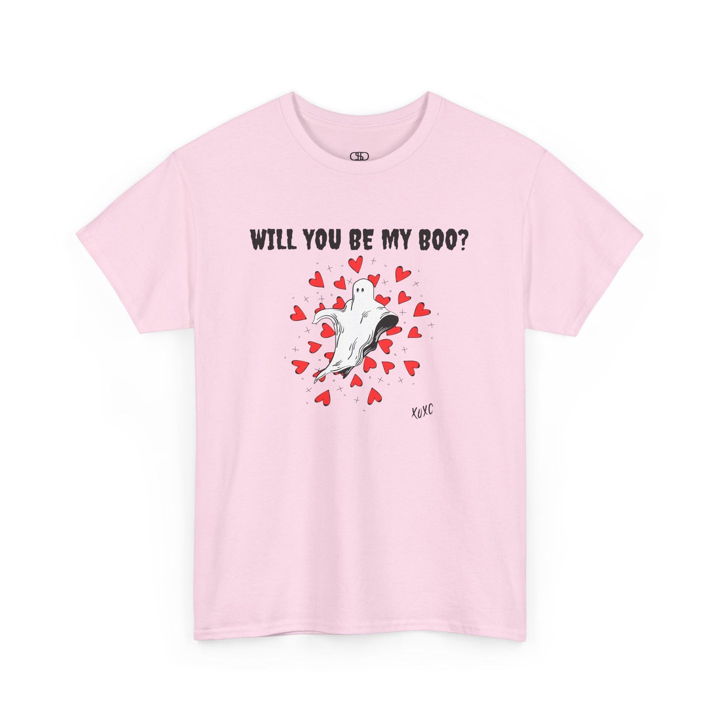 A t-shirt featuring a cute floating ghost surrounded by bursting hearts. At the top of the design, the text reads, "Will You Be my Boo?"