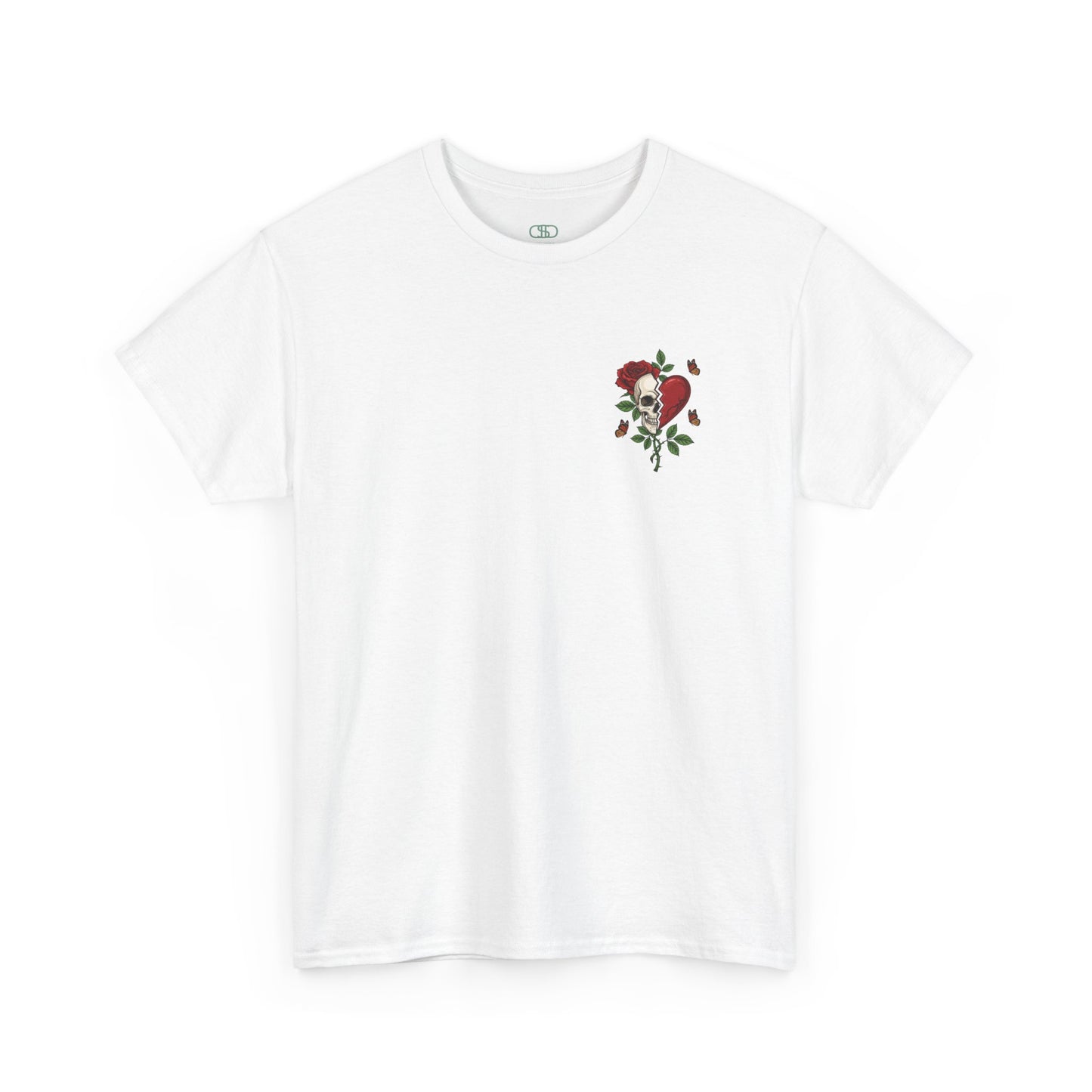 A white t-shirt with a front design of a half skull, half broken heart, and a rose. The back reads "Gym Heals" in red.