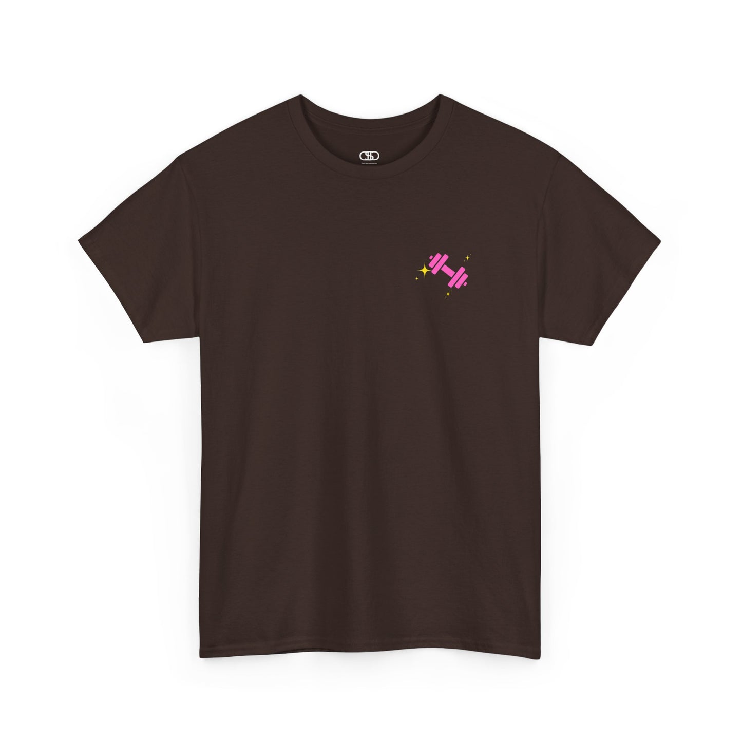 A dark brown t-shirt with a pink dumbbell on the front and the phrase “I work out because punching people is frowned Upon” in a retro font on the back.