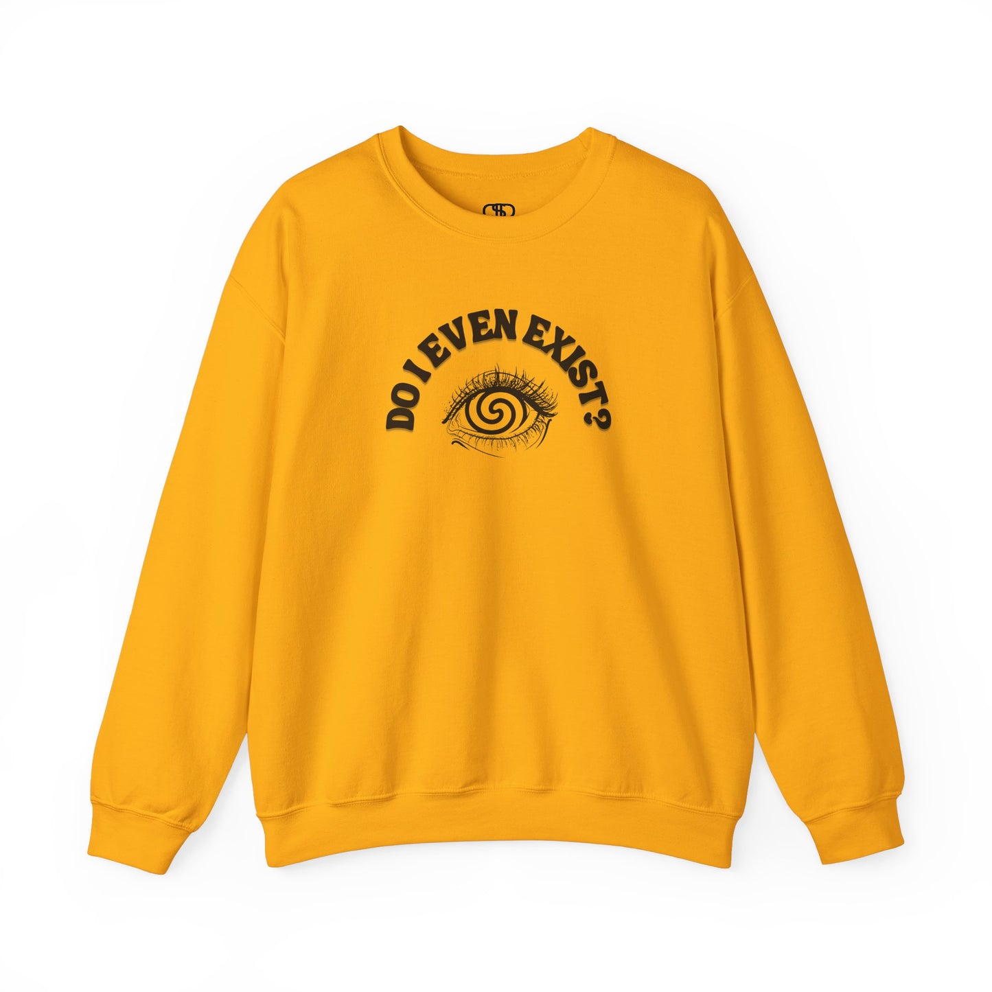 A sweatshirt with a graphic print of a detailed, realistic eye that contains an optical illusion of a spiral. The text "Do I even Exist?" is printed below the eye in a clean, sans-serif font.
