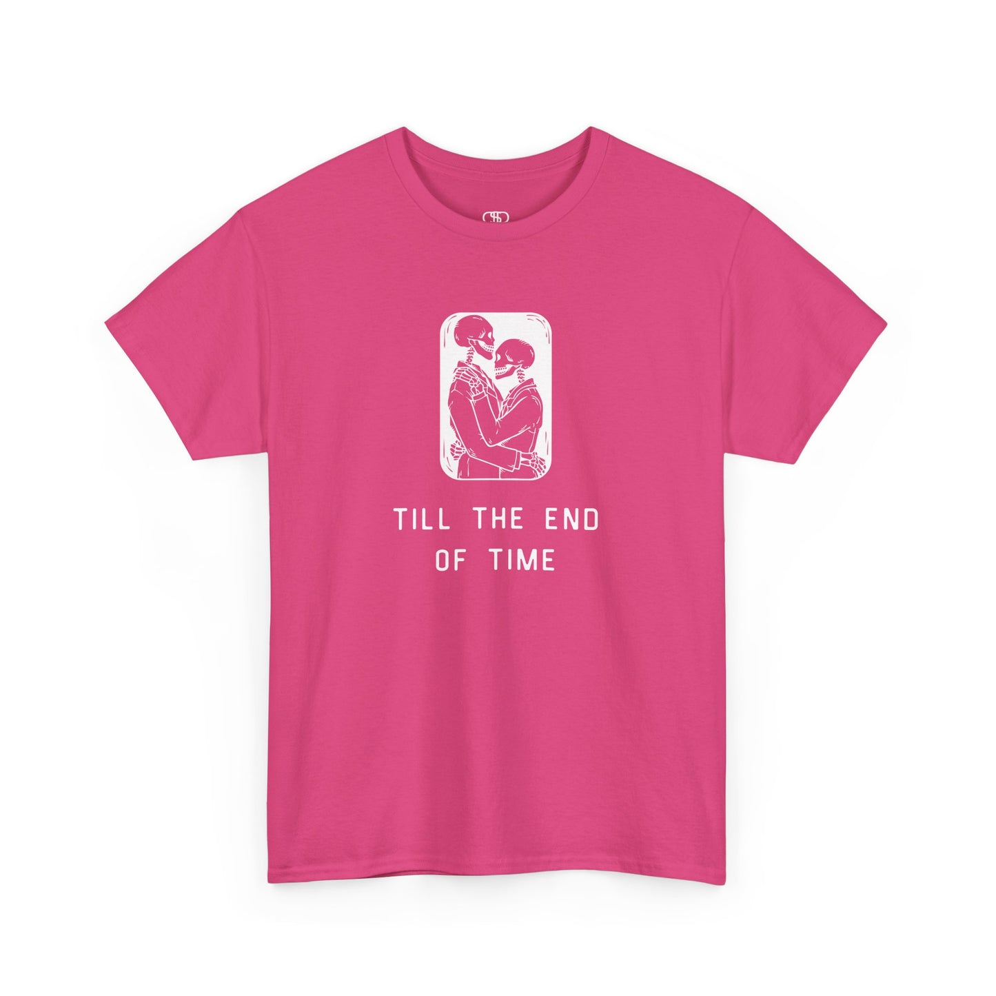 A t-shirt featuring a detailed print of two skeletons embracing in a hug with the text 'till the end of time' below them.