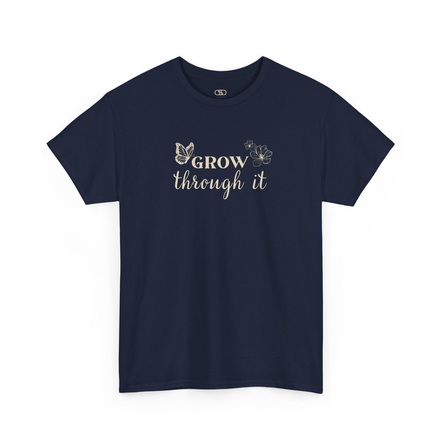 A navy t-shirt with "Grow Through It" and a butterfly on the front and a design of a spine with vines, flowers, and butterflies on the back.