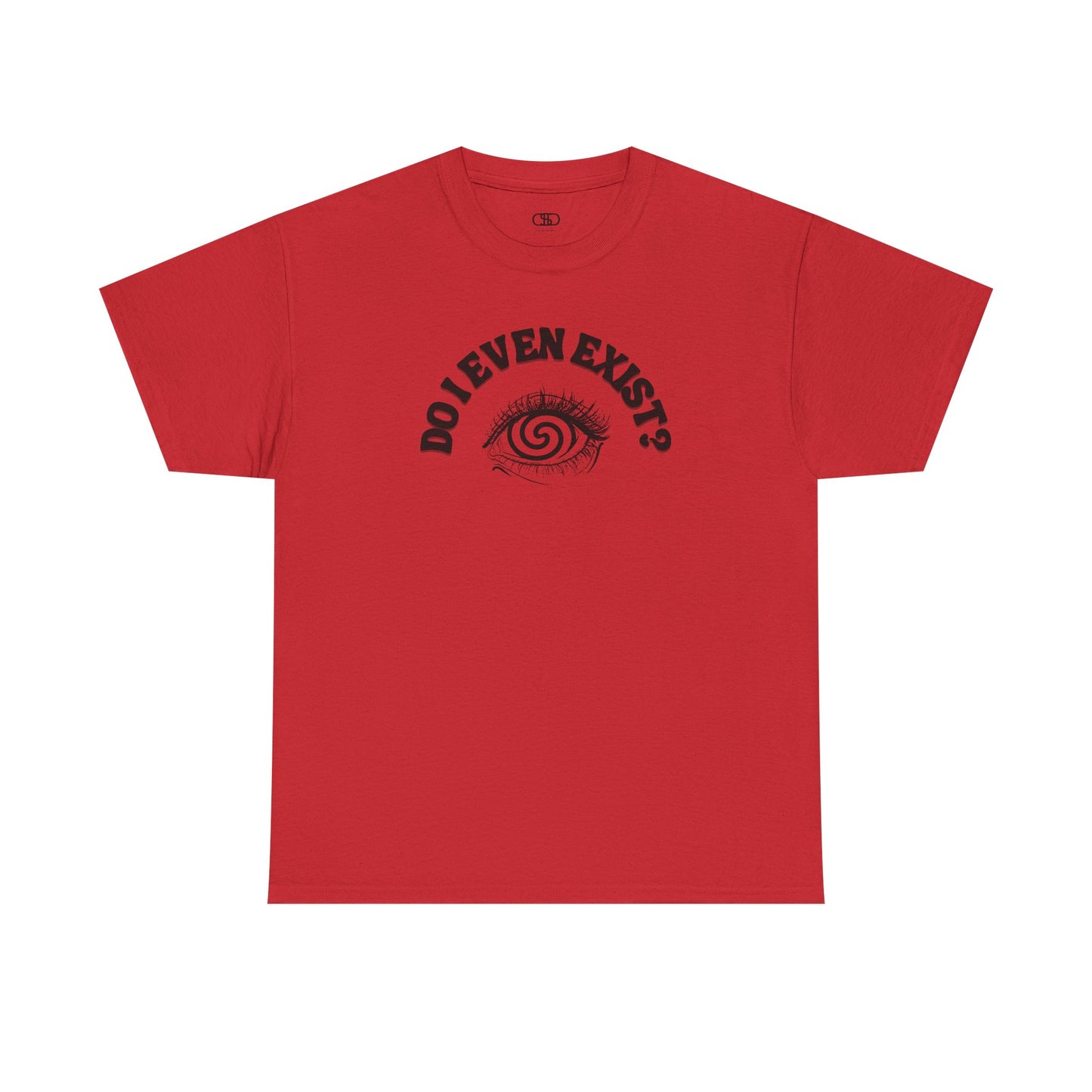 Red T-shirt with an eyeball and a mind-bending optical illusion and the text "Do I even exist?"