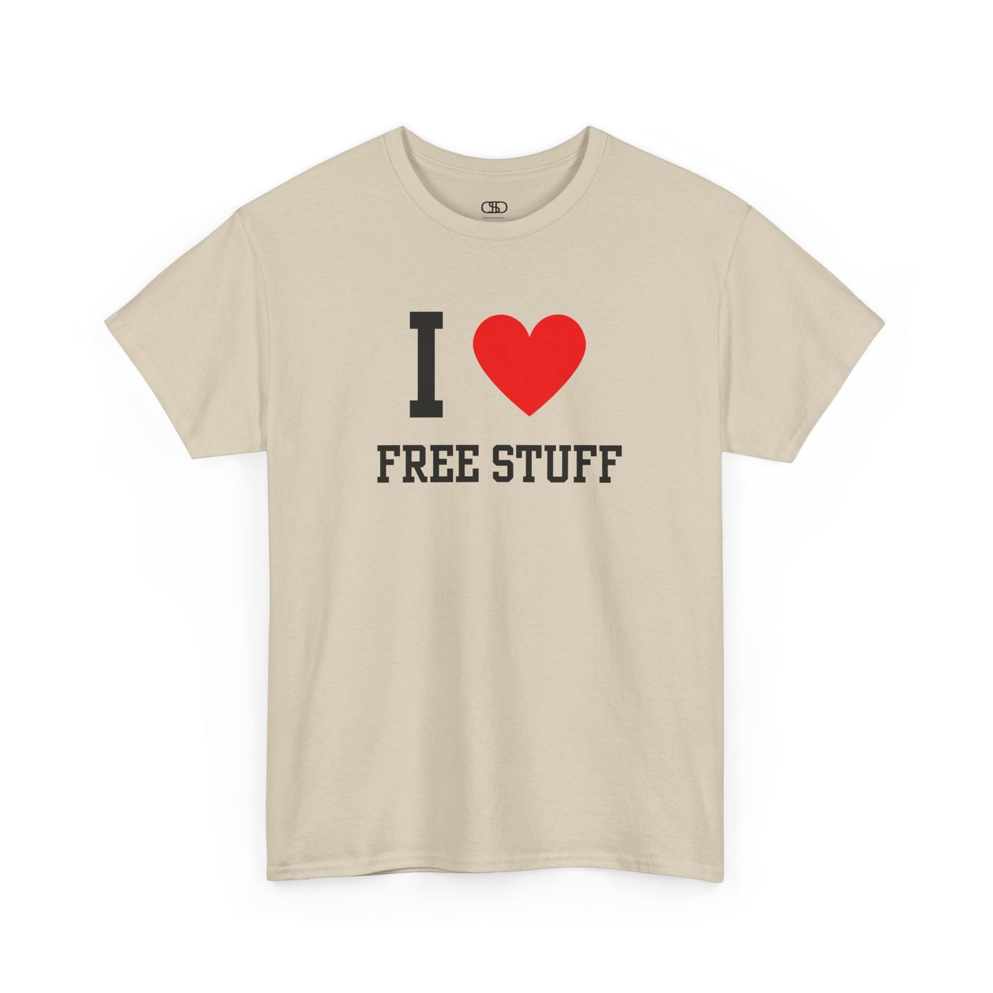 A funny sand t-shirt with the iconic "I Love" design, featuring the text "I," a red heart, and the phrase "Free Stuff" below.
