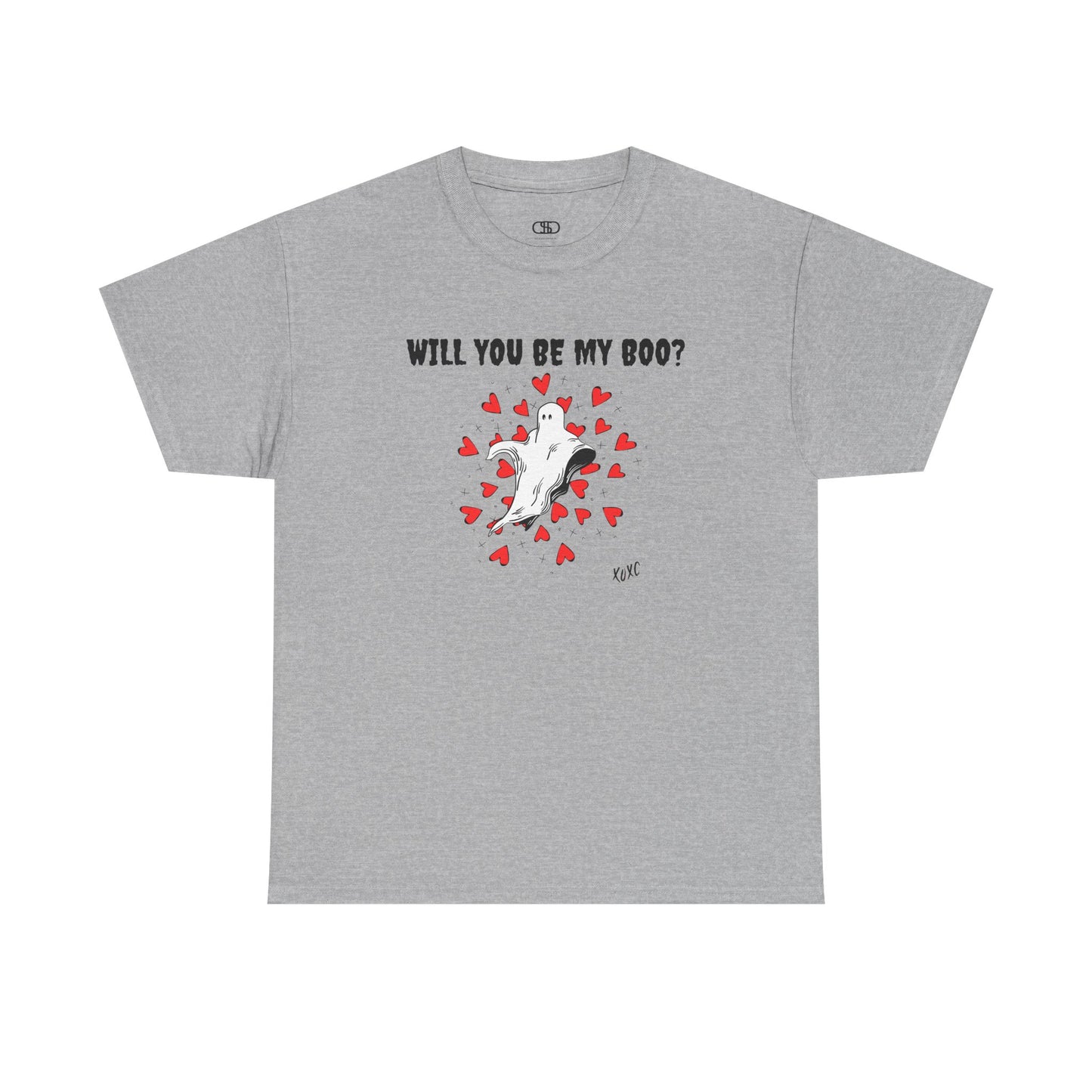 A t-shirt featuring a cute floating ghost surrounded by bursting hearts. At the top of the design, the text reads, "Will You Be my Boo?"