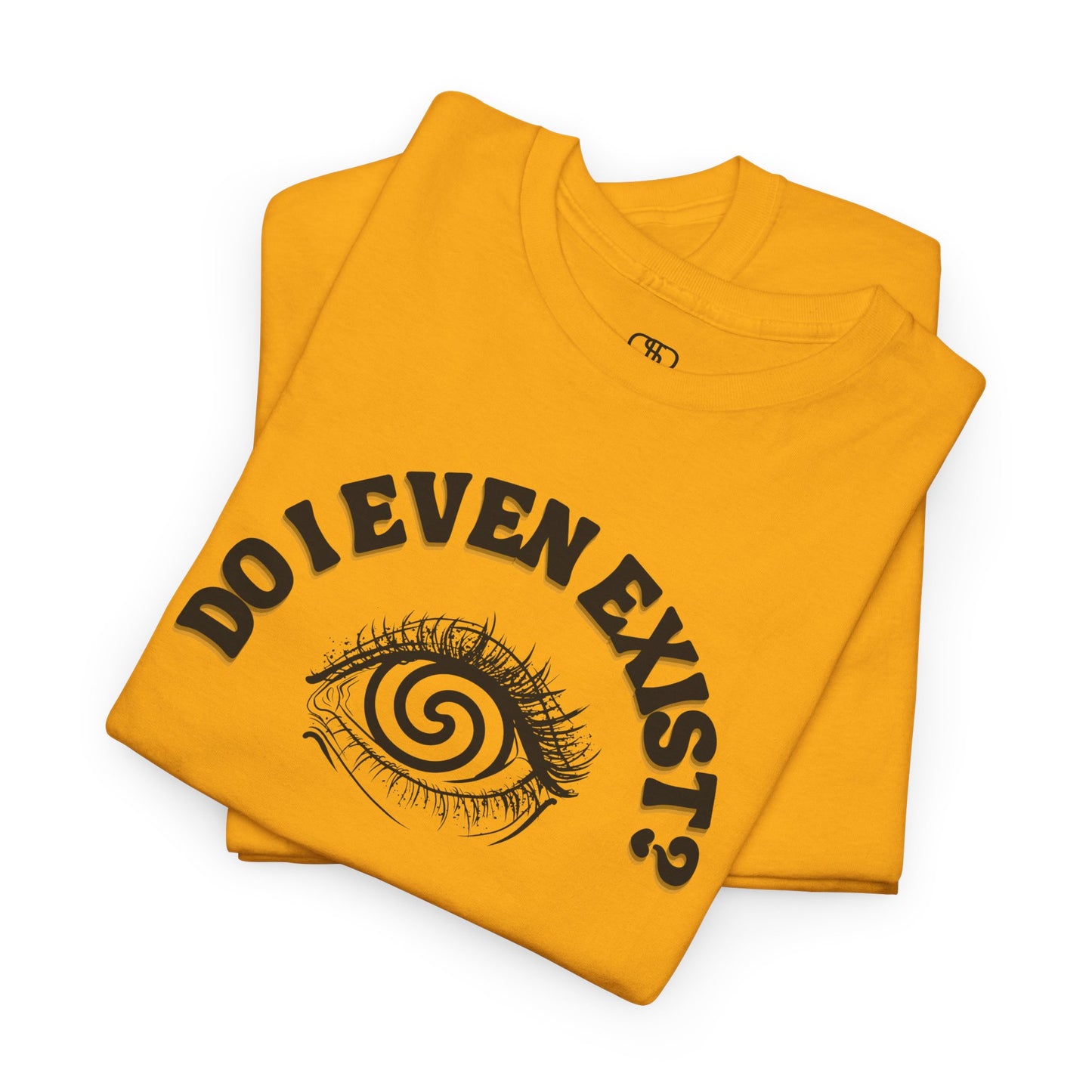 Folded Orange T-shirt with an eyeball and a mind-bending optical illusion and the text "Do I even exist?"