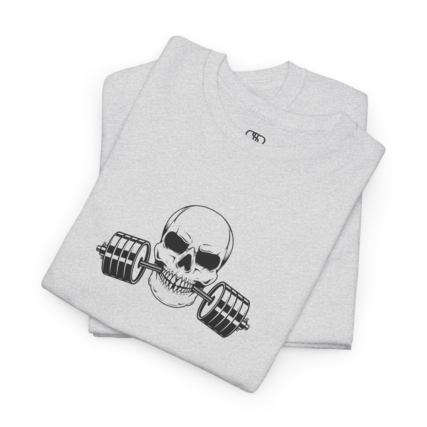 Folded Ash gray sweatshirt with a skull and barbell graphic on a white background