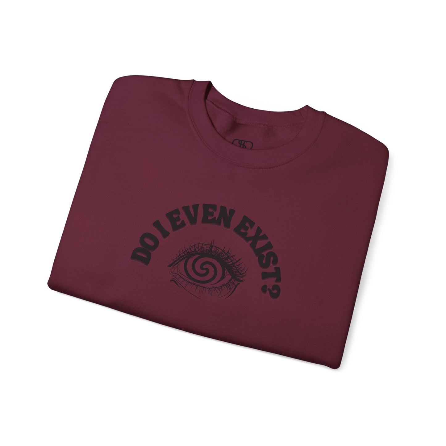 A white sweatshirt with a graphic print of a detailed, realistic eye that contains an optical illusion of a spiral. The text "Do I even Exist?" is printed above the eye in a clean font.