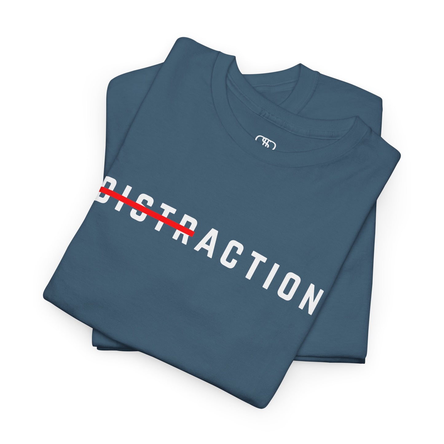 A folded minimalist t-shirt featuring the word "Distraction" with the 'Dist' part crossed out, emphasizing the word 'Action' in a bold font.