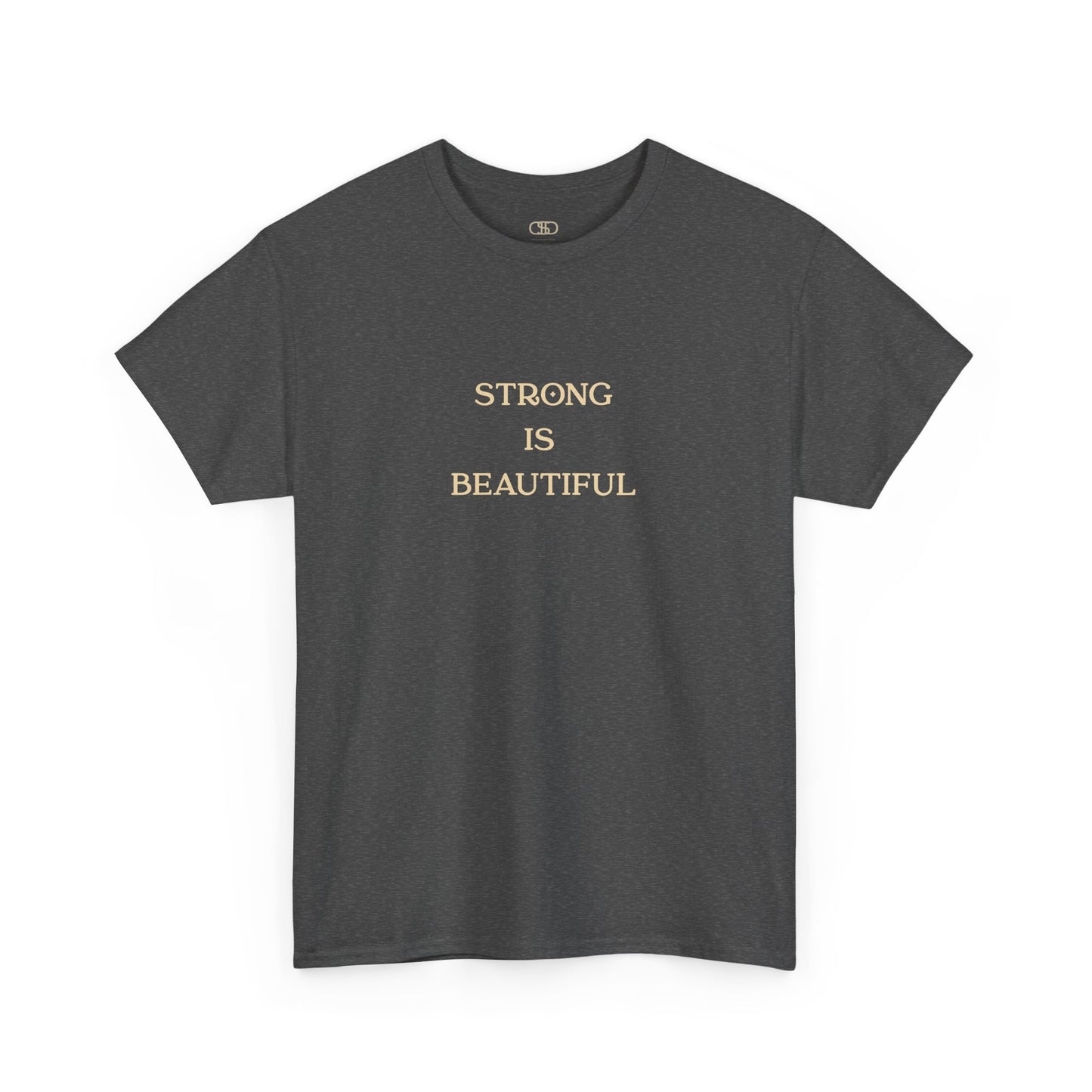 An Art Nouveau style illustration on the back of a heather gray t-shirt, featuring a strong woman with flowing brown hair curling a dumbbell. Below her, the words "Strong is Beautiful" are written in an elegant, stylized font, framed by intricate floral and line work.