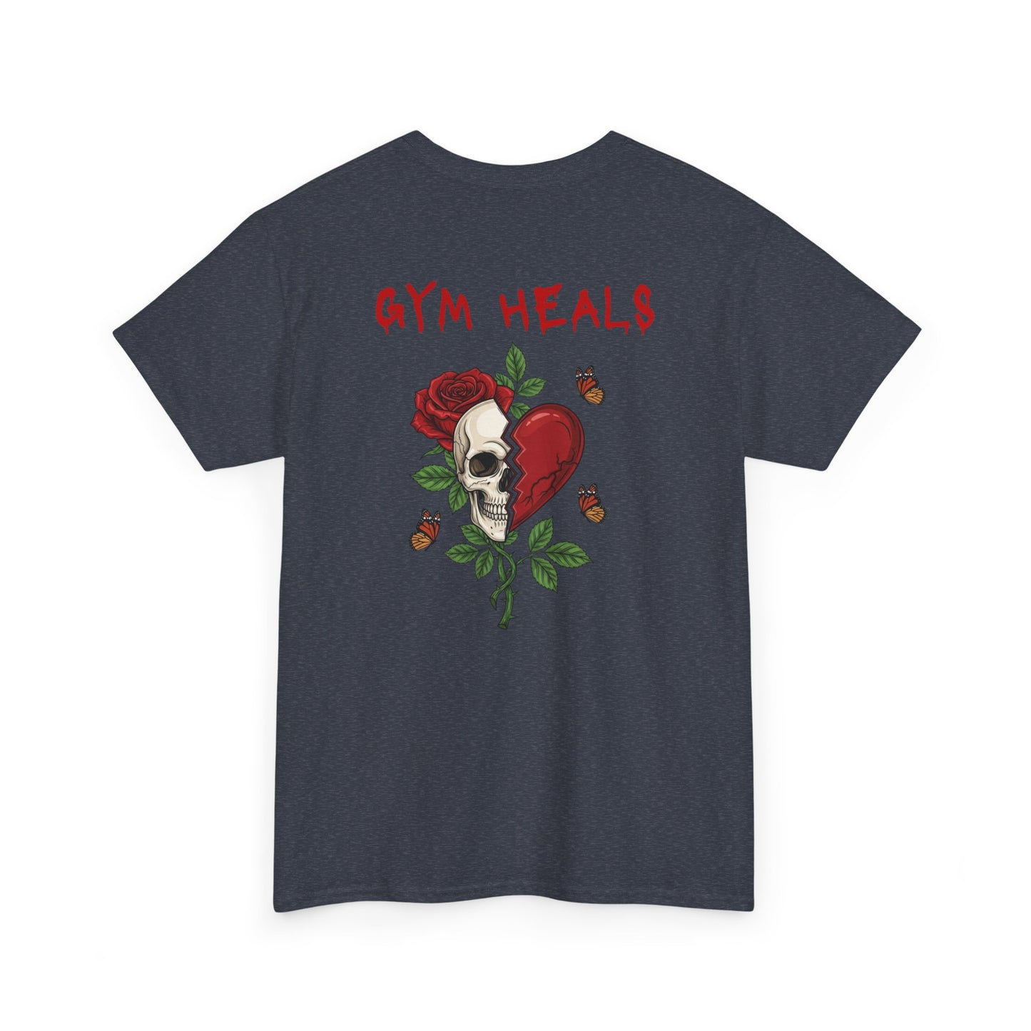 A heather gray t-shirt with a front design of a half skull, half broken heart, and a rose. The back reads "Gym Heals" in red.