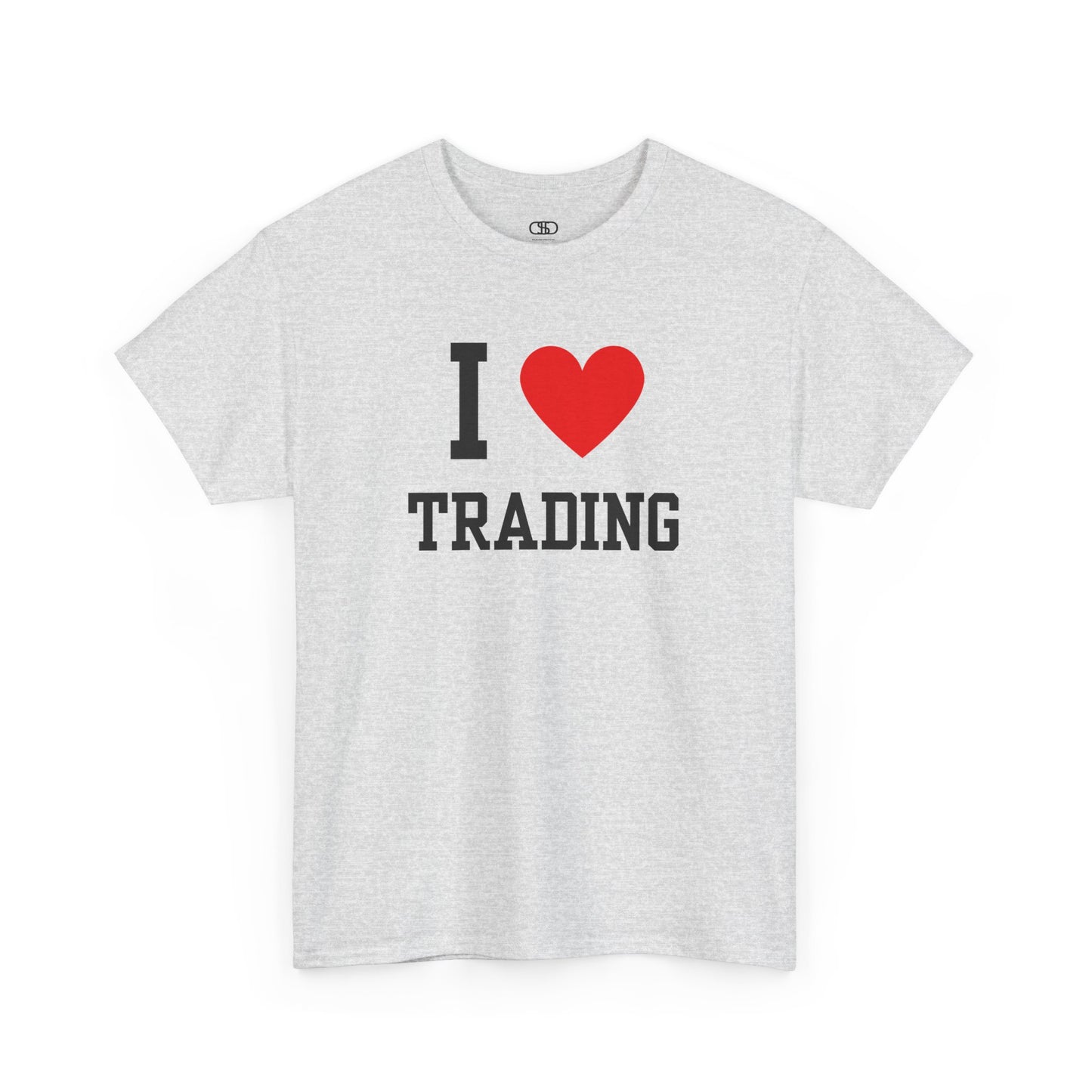 A minimalist t-shirt featuring the "I Love design with the text "I," a red heart symbol, and the word "Trading" underneath.