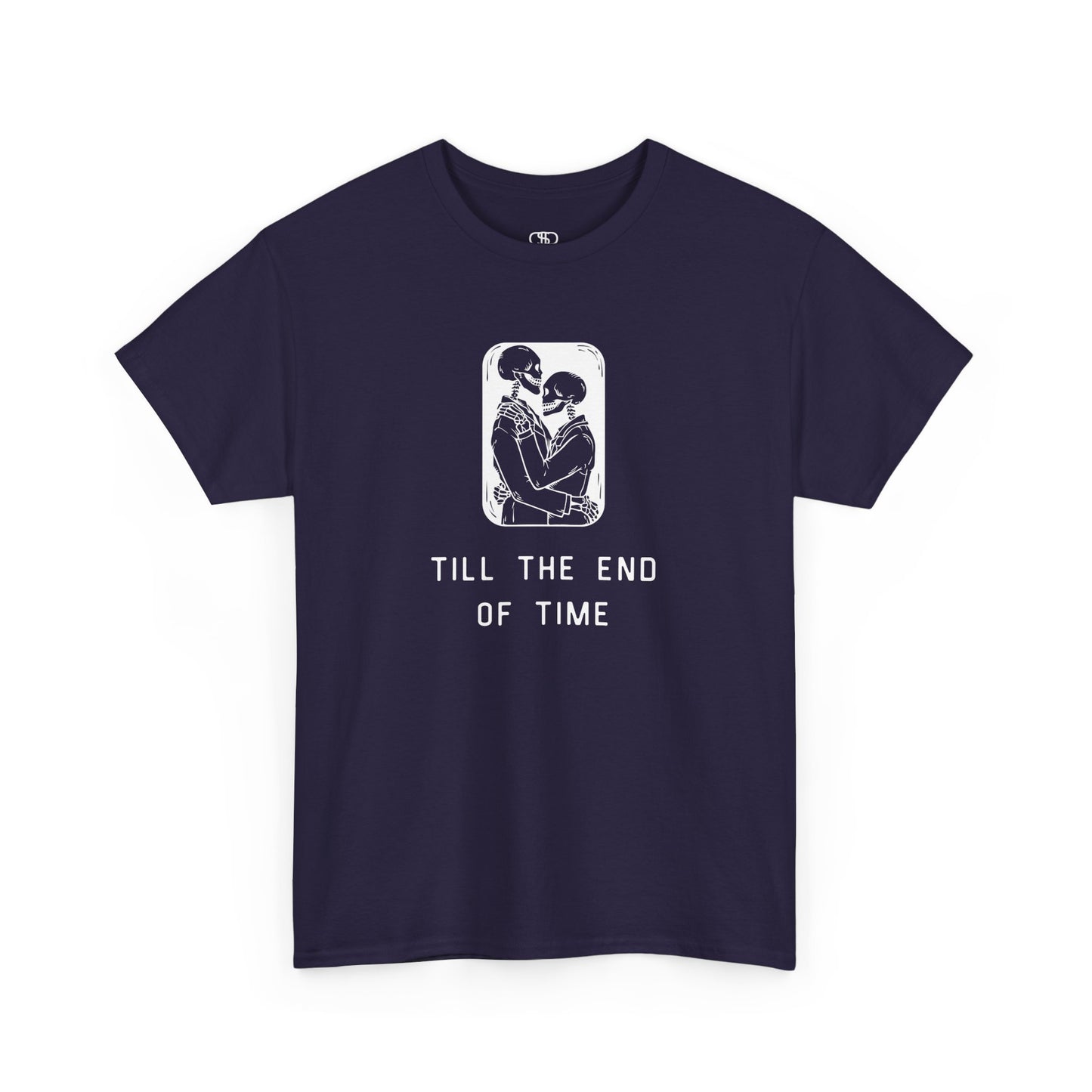 A t-shirt featuring a detailed print of two skeletons embracing in a hug with the text 'till the end of time' below them.
