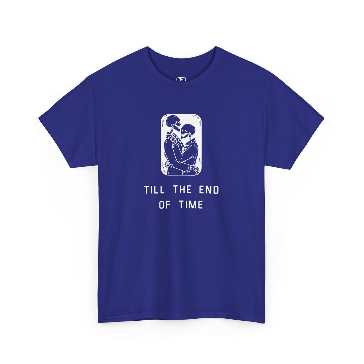 A t-shirt featuring a detailed print of two skeletons embracing in a hug with the text 'till the end of time' below them.