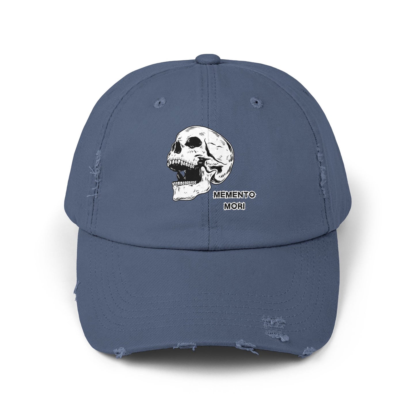 Memento Mori Distressed Hat – Skull Embroidered Cap with Gothic Flair