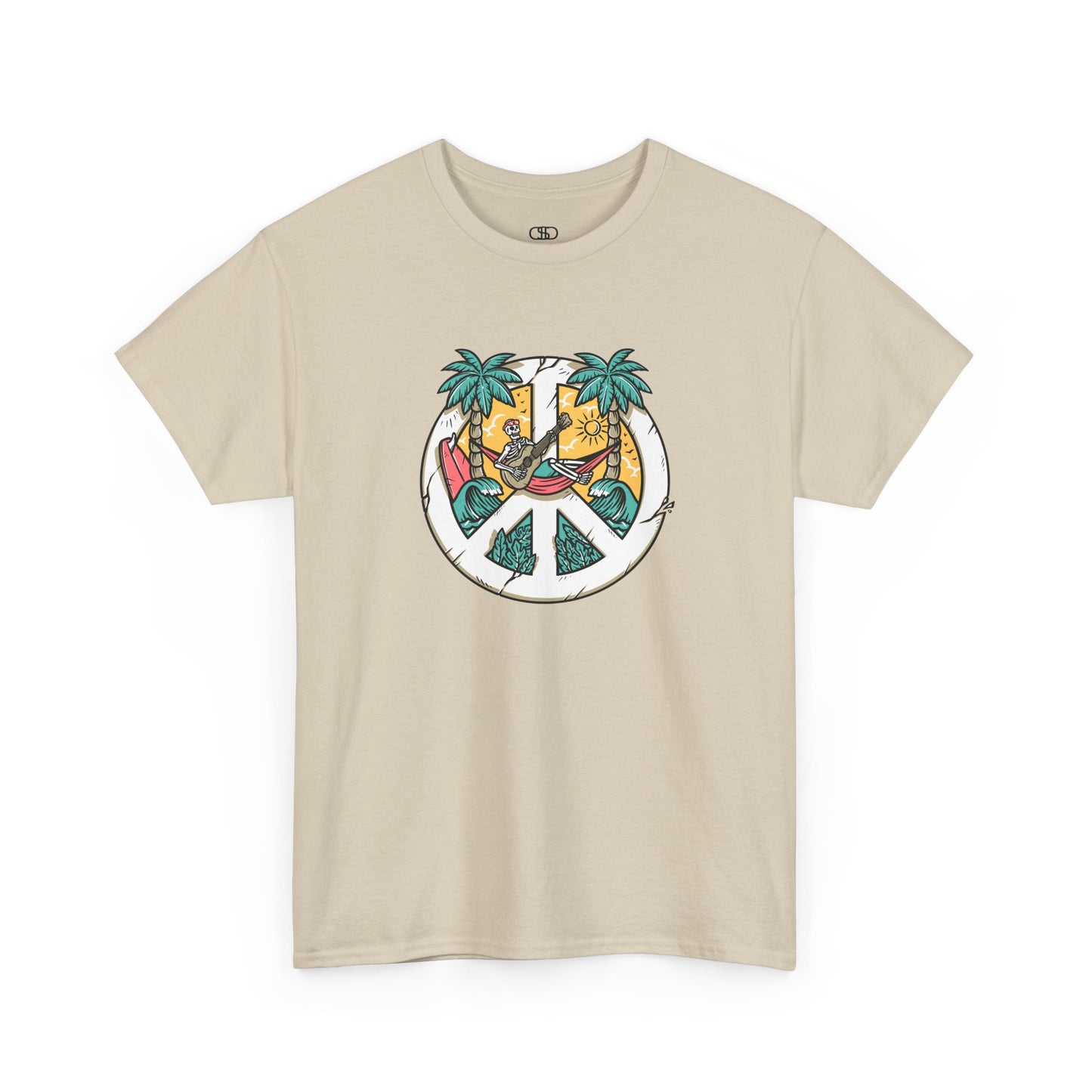 T-shirt showing a skeleton with a peace sign head, lying in a hammock playing a guitar between two palm trees with waves in the background.